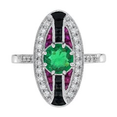 Emerald Ruby and Onyx Art Deco Style Cocktail Ring in 18K White Gold