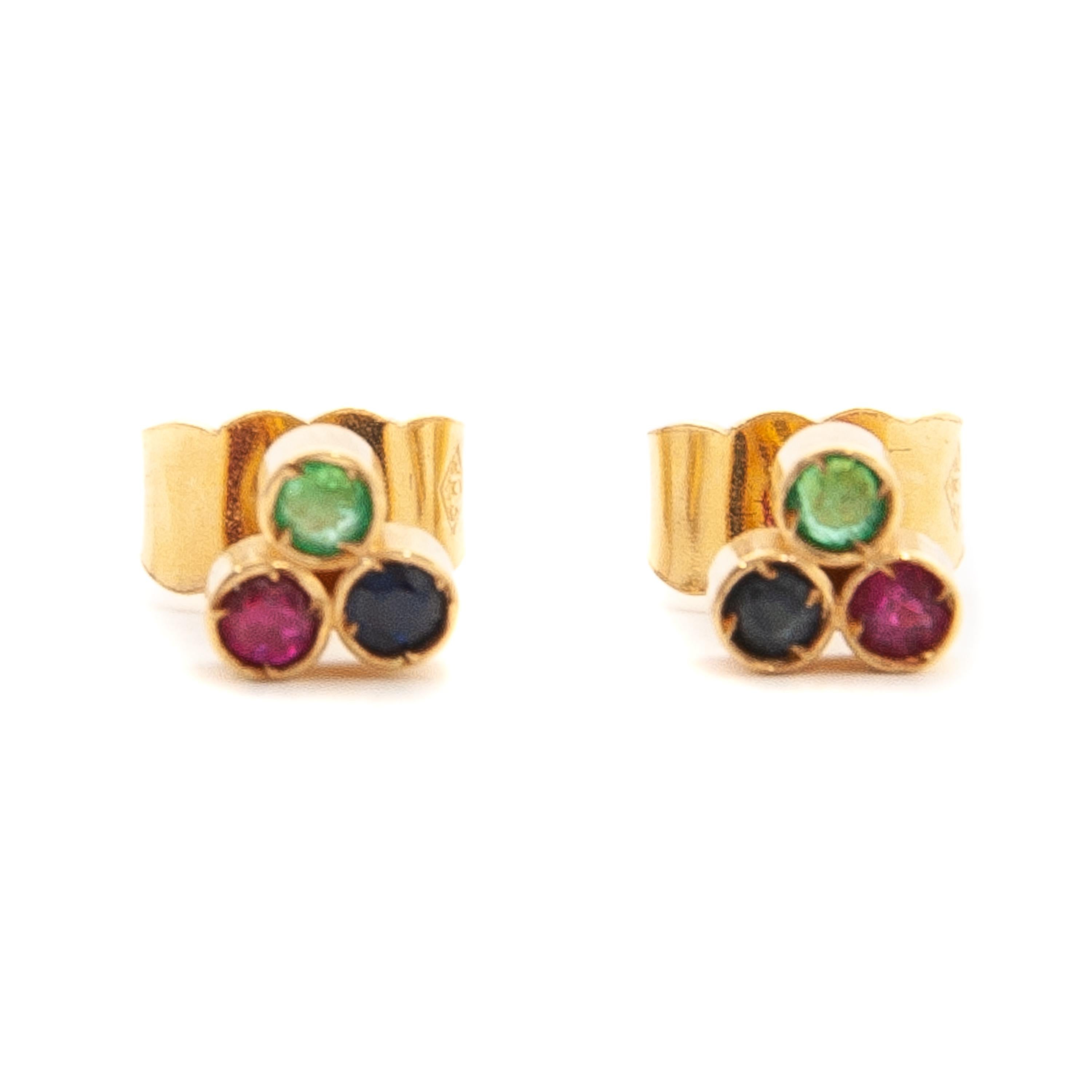 Modern Emerald, Ruby and Sapphire 14K Yellow Gold Cluster Stud Earrings
