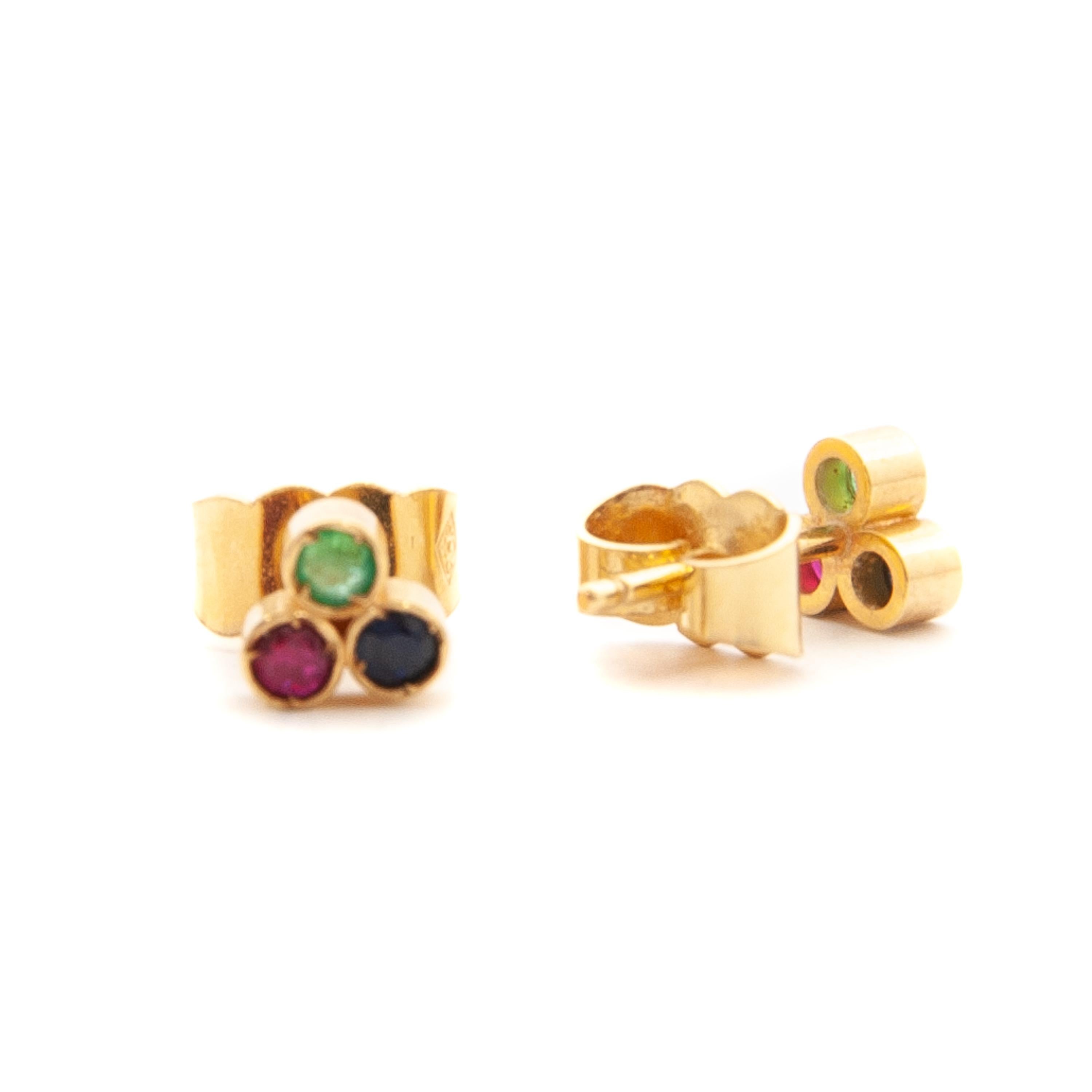 Round Cut Emerald, Ruby and Sapphire 14K Yellow Gold Cluster Stud Earrings