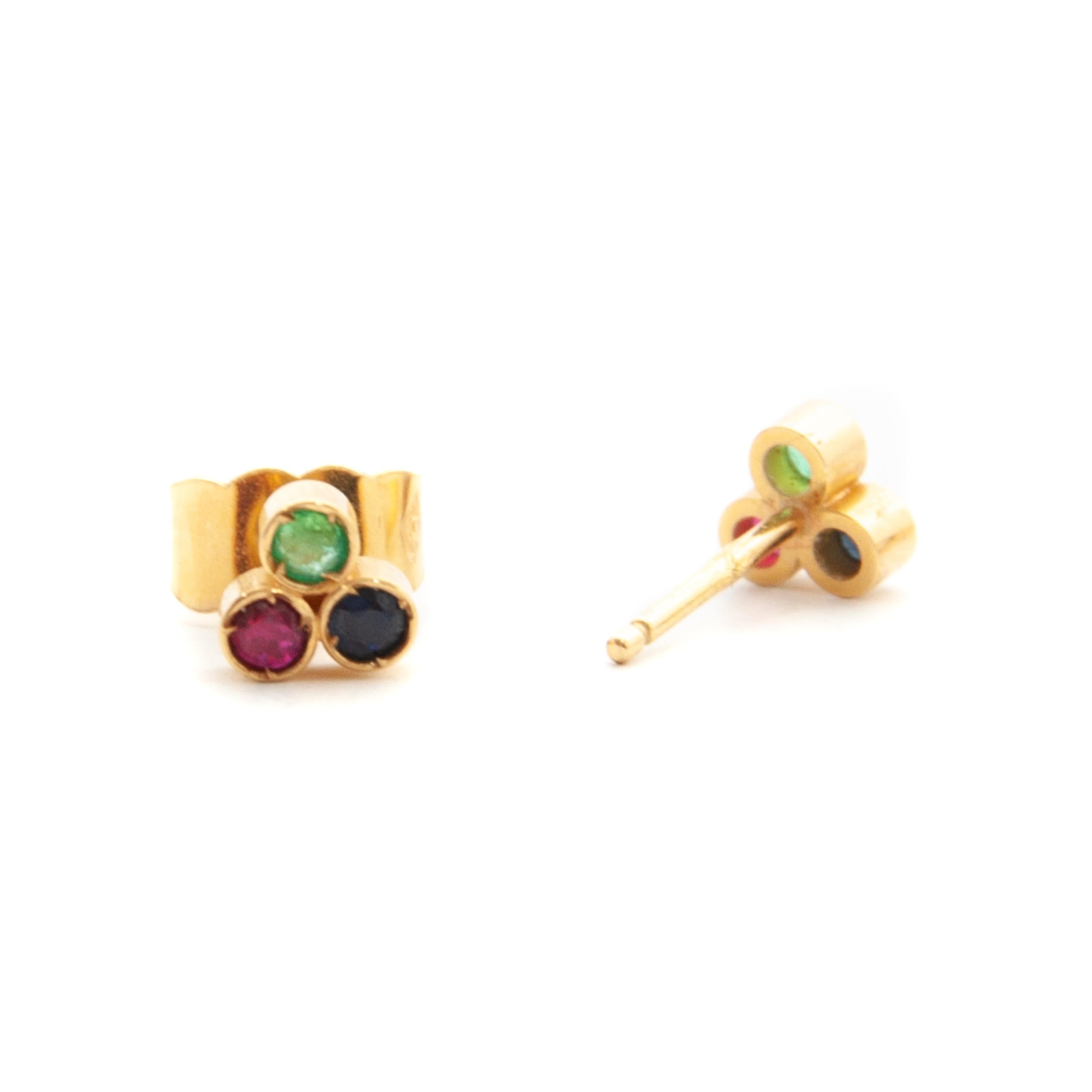 Emerald, Ruby and Sapphire 14K Yellow Gold Cluster Stud Earrings 2