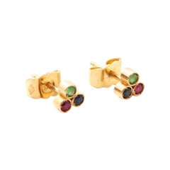 Vintage Emerald, Ruby and Sapphire 14K Yellow Gold Cluster Stud Earrings