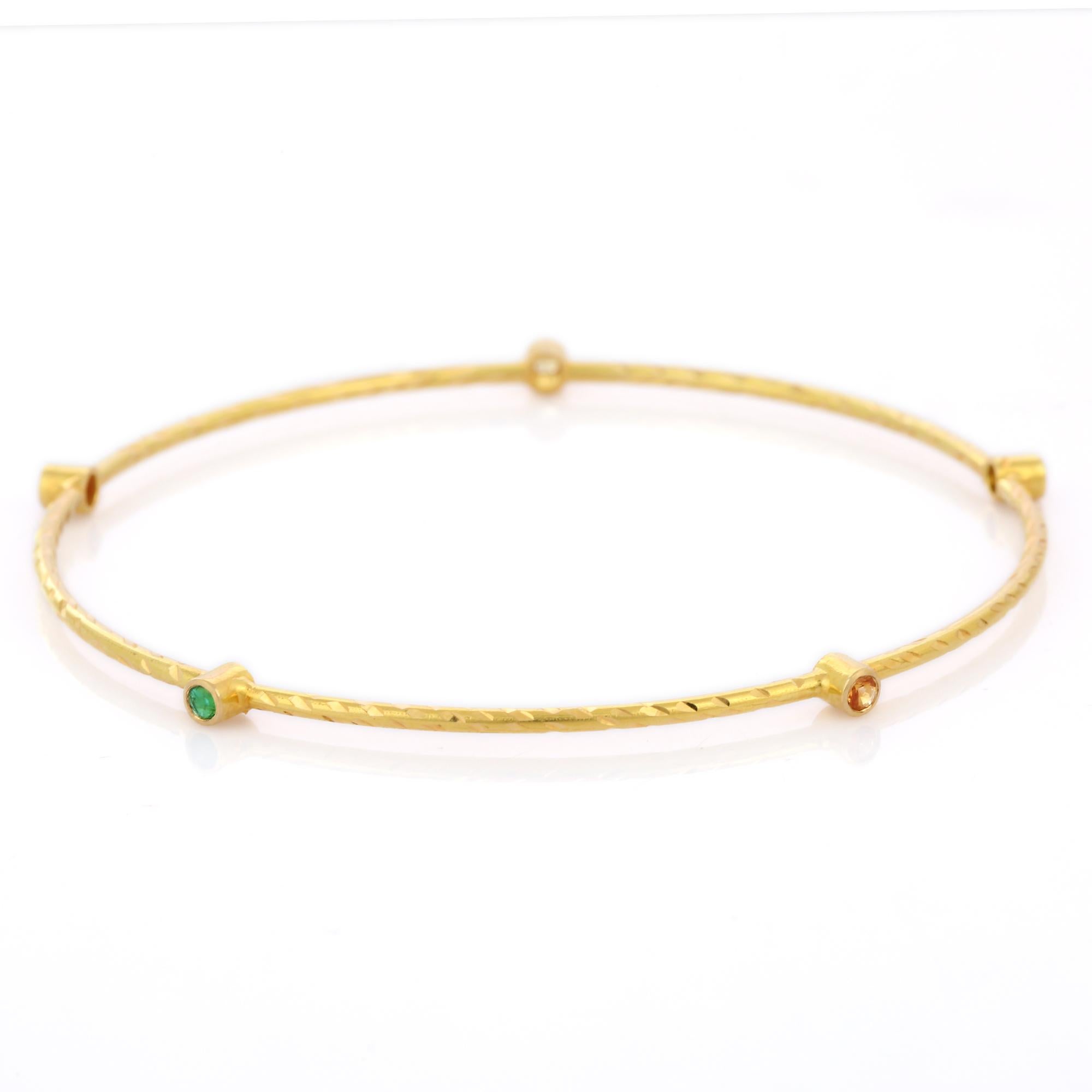 Artisan Modern Natural Emerald Ruby and Sapphire Bangle in 18K Solid Yellow Gold For Sale