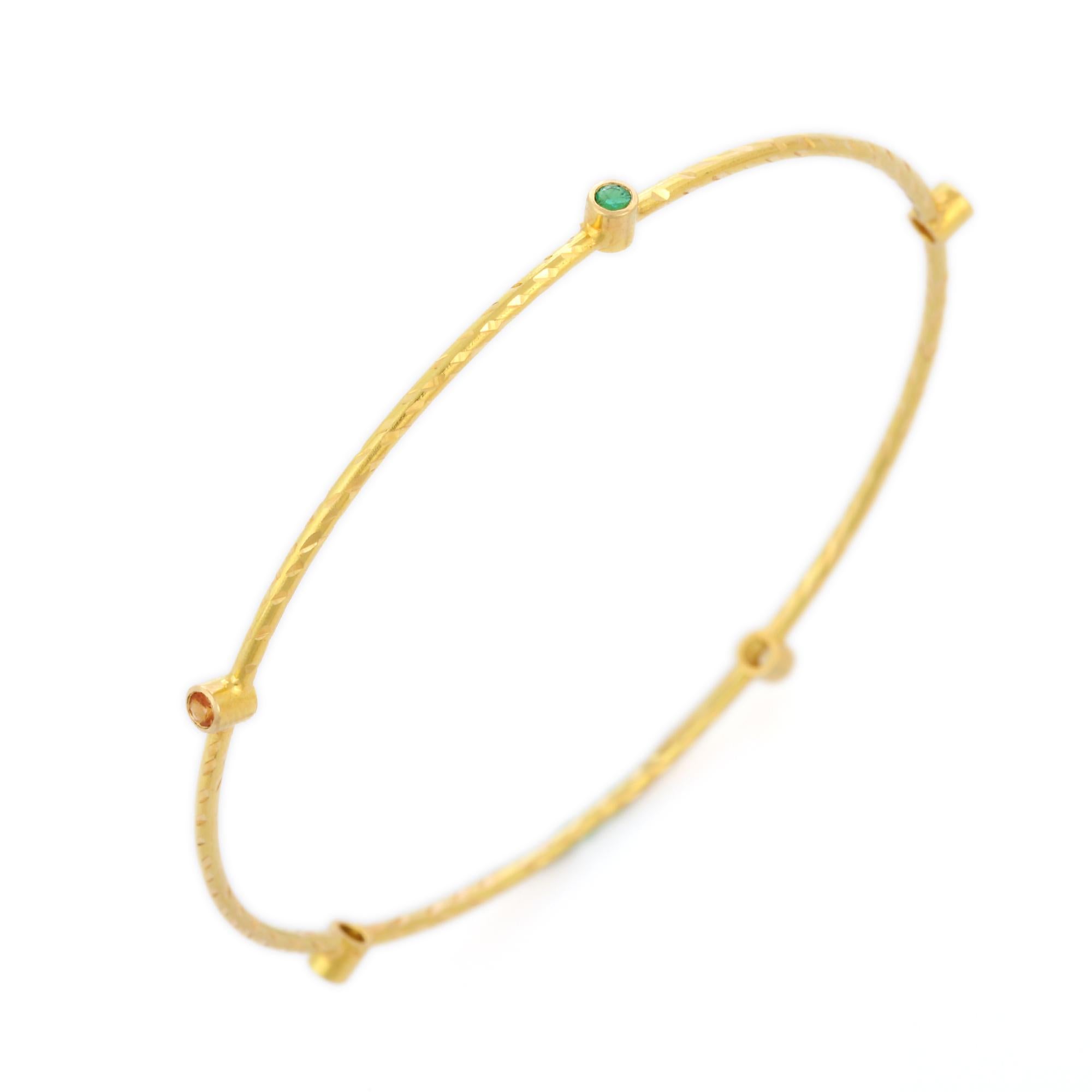 Women's Modern Natural Emerald Ruby and Sapphire Bangle in 18K Solid Yellow Gold For Sale