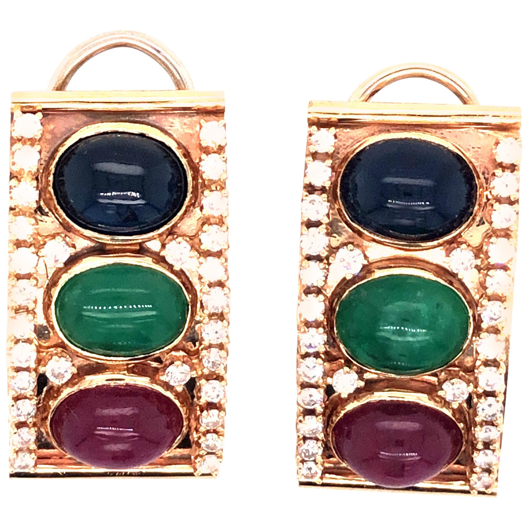 Emerald, Ruby and Sapphire Diamond 14 Karat Gold Retro Earring