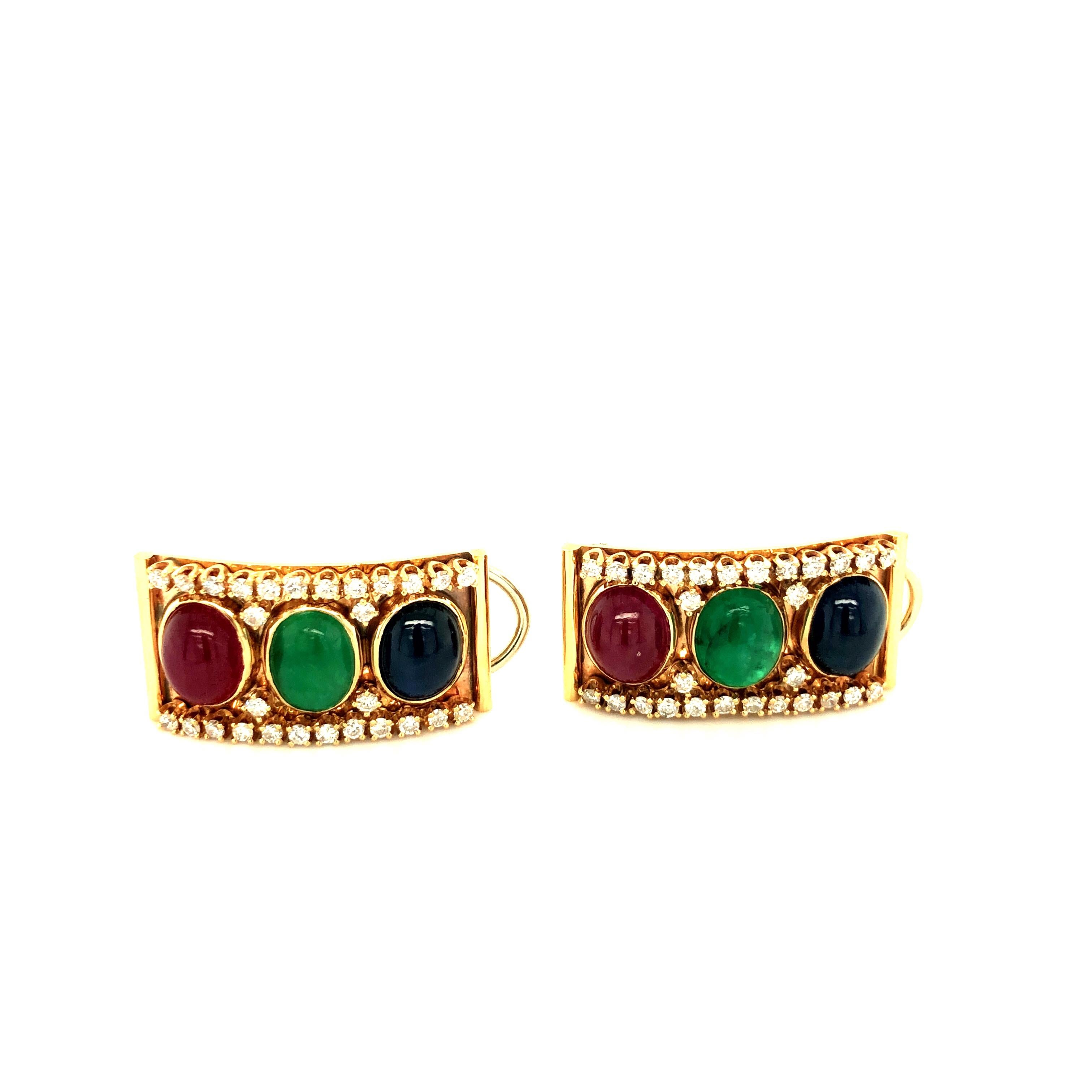 Cabochon Emerald, Ruby and Sapphire Diamond 14 Karat Gold Retro Earring