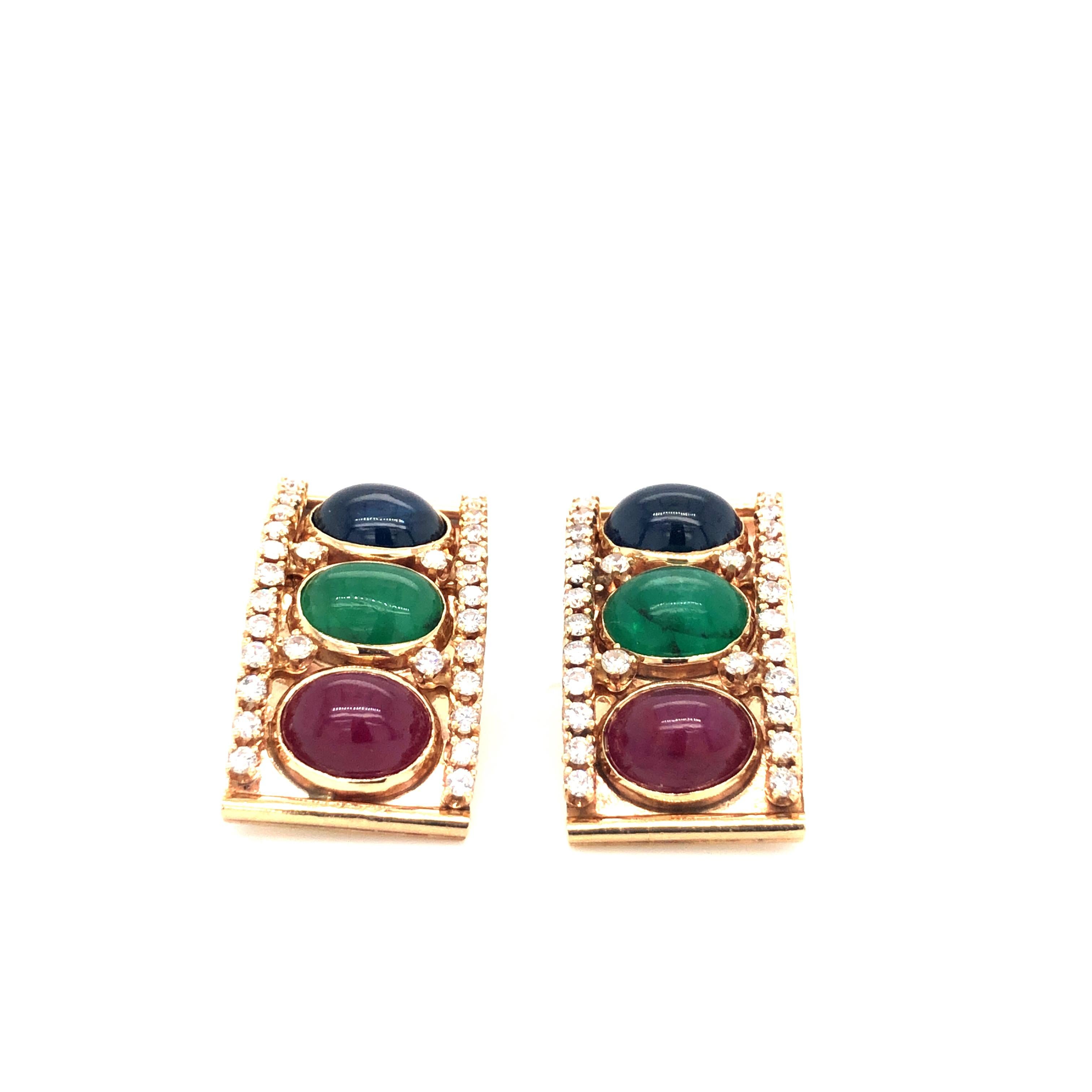 Women's Emerald, Ruby and Sapphire Diamond 14 Karat Gold Retro Earring