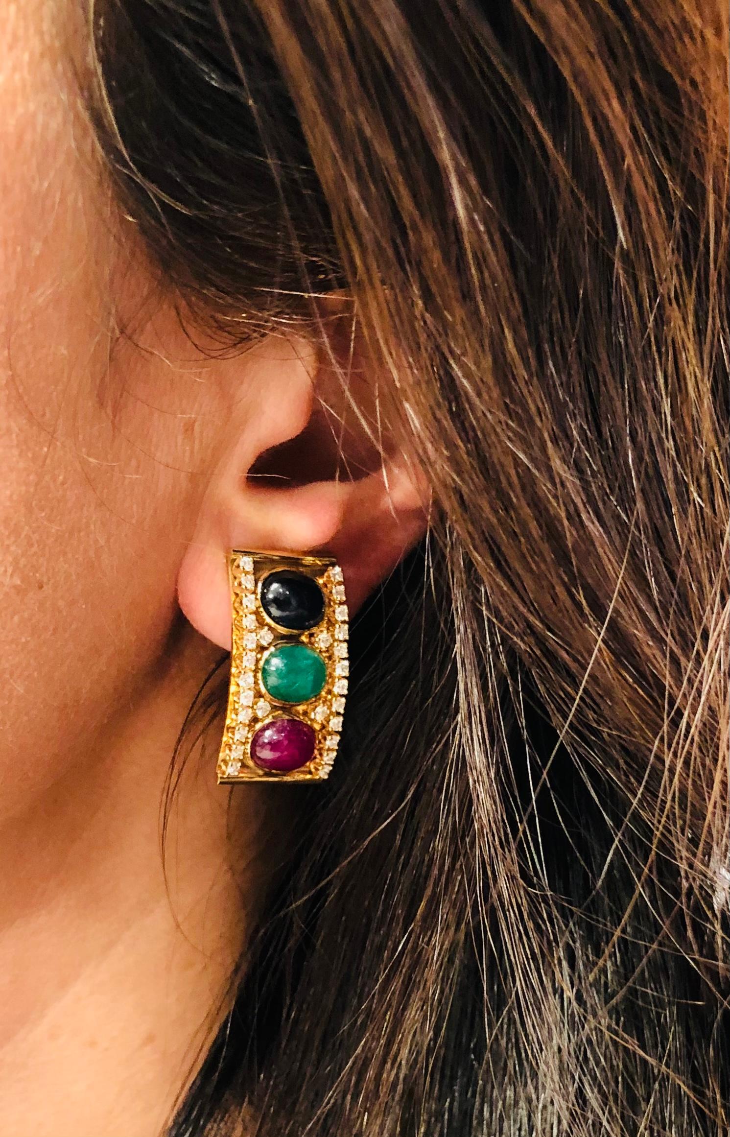 Emerald, Ruby and Sapphire Diamond 14 Karat Gold Retro Earring 2
