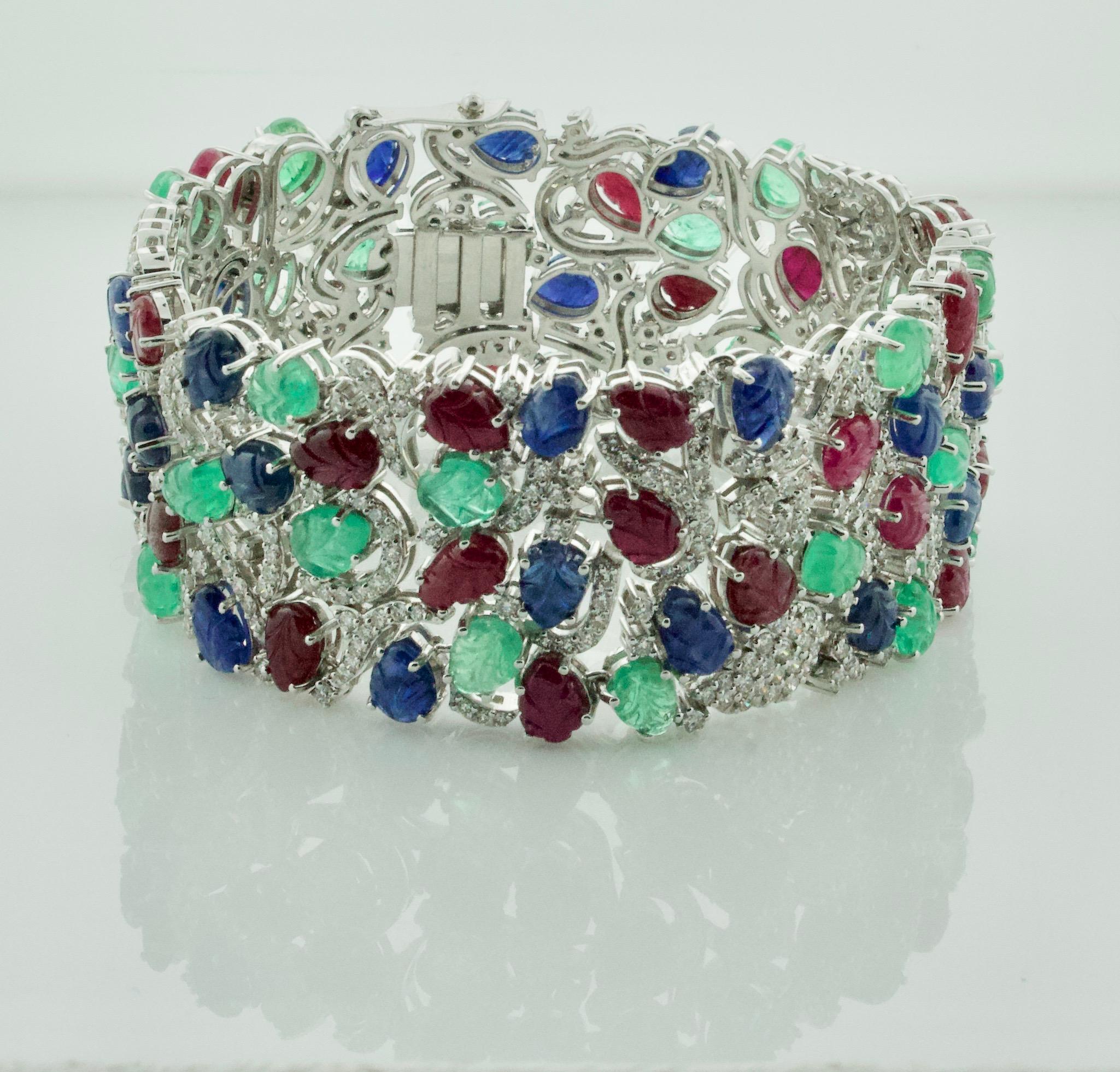 Emerald, Ruby and Sapphire Diamond Bracelet 18 Karat Wide In New Condition For Sale In Wailea, HI