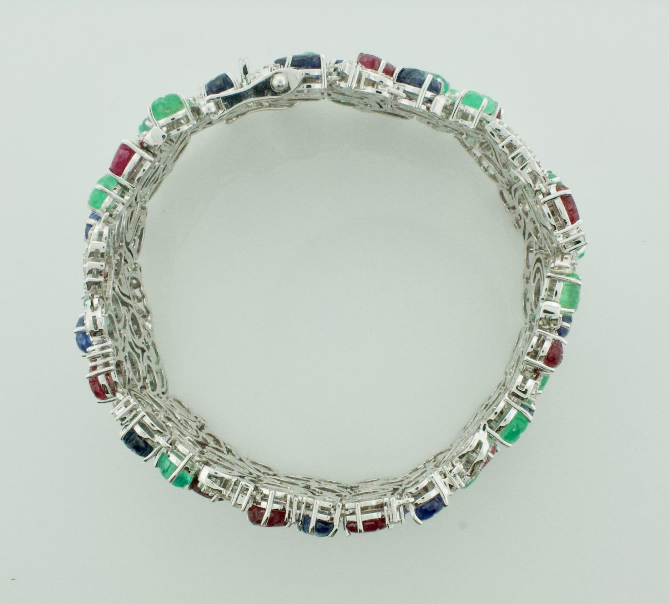 Women's or Men's Emerald, Ruby and Sapphire Diamond Bracelet 18 Karat Wide For Sale