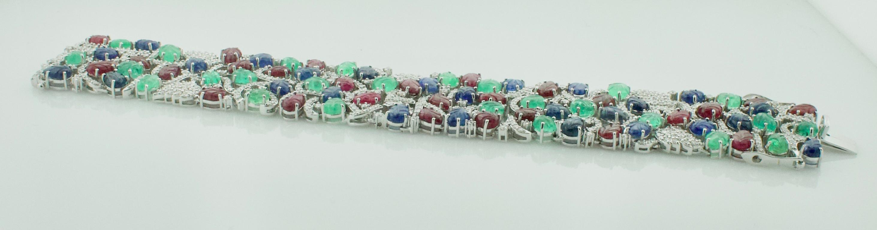 Emerald, Ruby and Sapphire Diamond Bracelet 18 Karat Wide For Sale 1