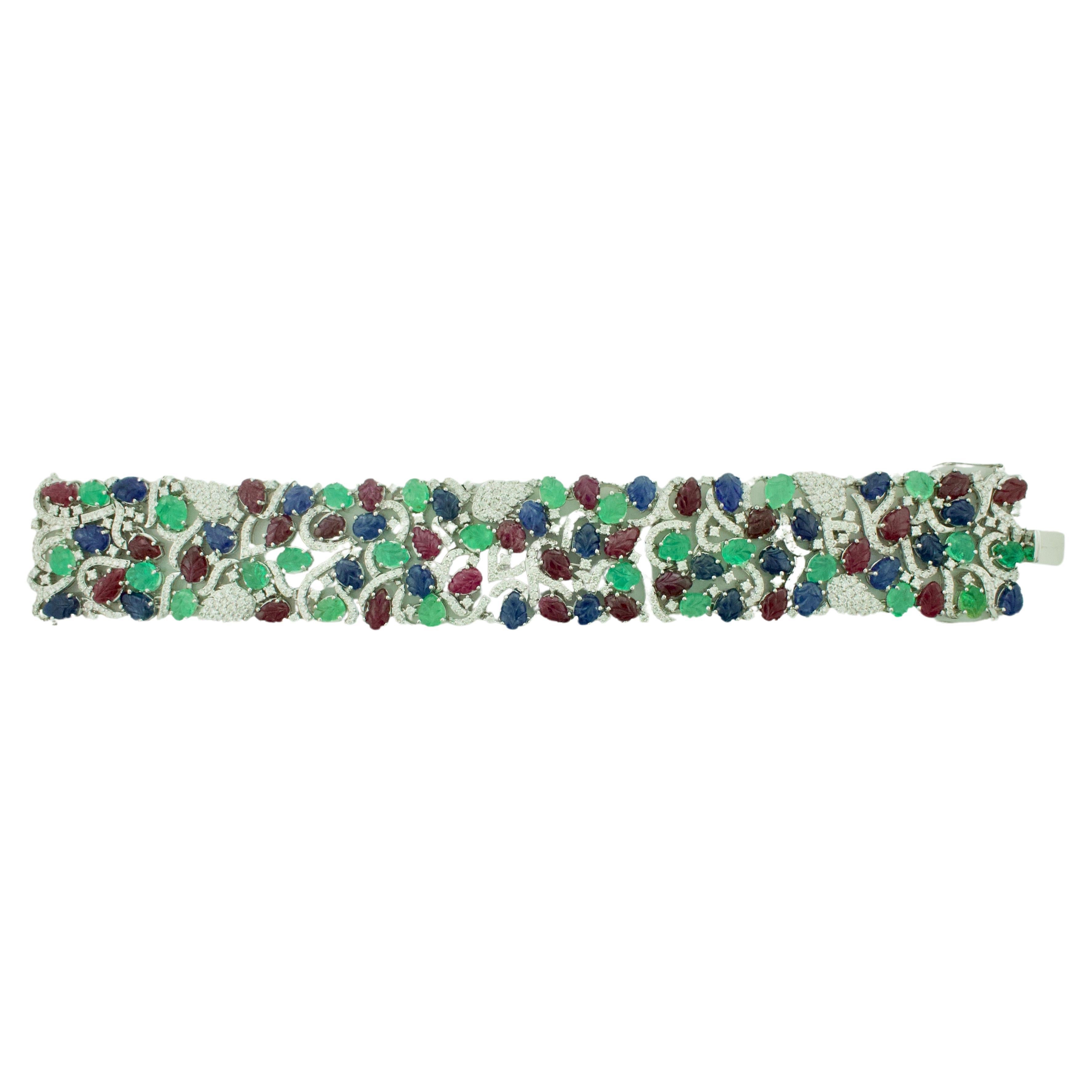 Emerald, Ruby and Sapphire Diamond Bracelet 18 Karat Wide For Sale