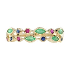 Emerald Ruby and Sapphire Vintage Style Ring in 14K Yellow Gold