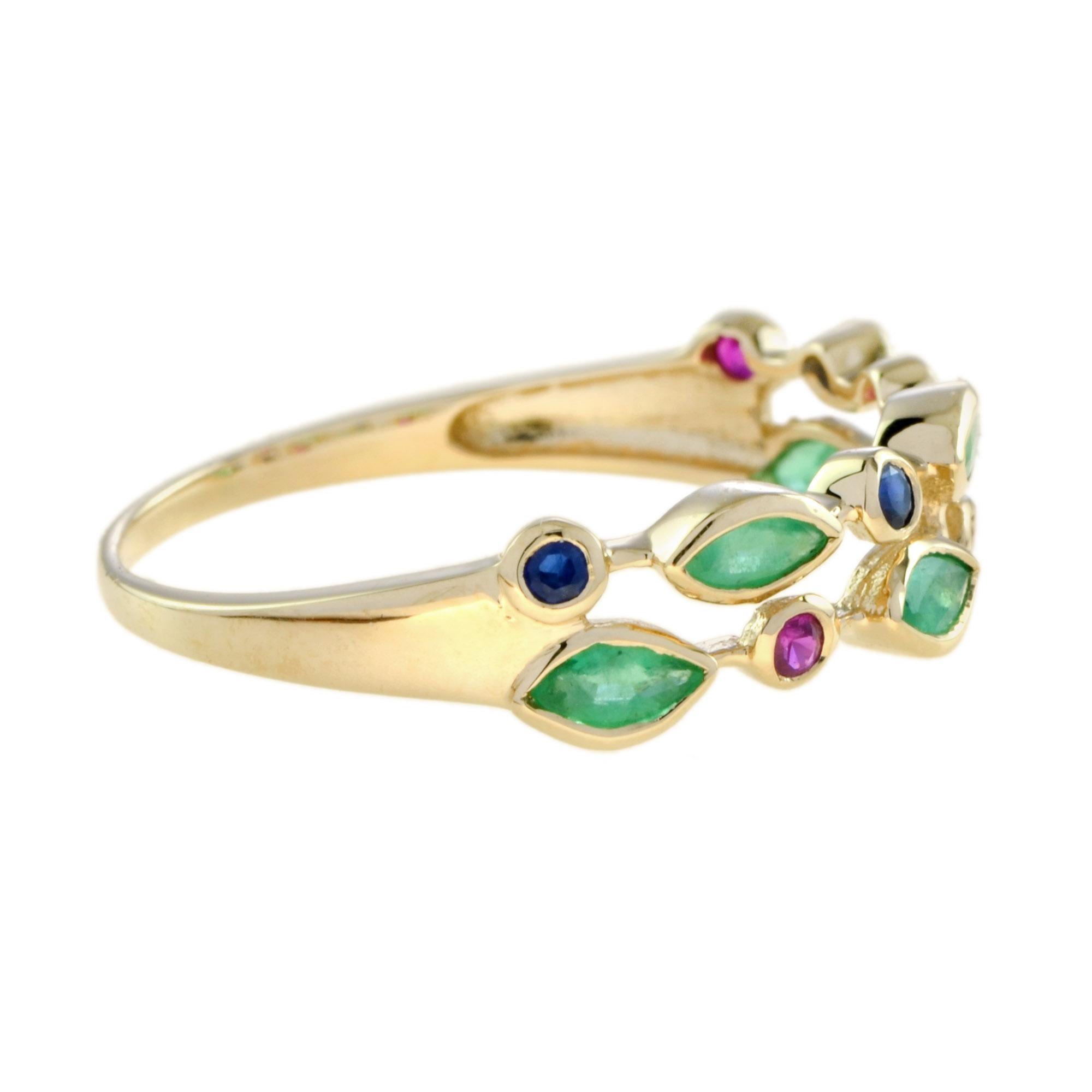 Marquise Cut Emerald Ruby and Sapphire Vintage Style Ring in 9K Yellow Gold For Sale