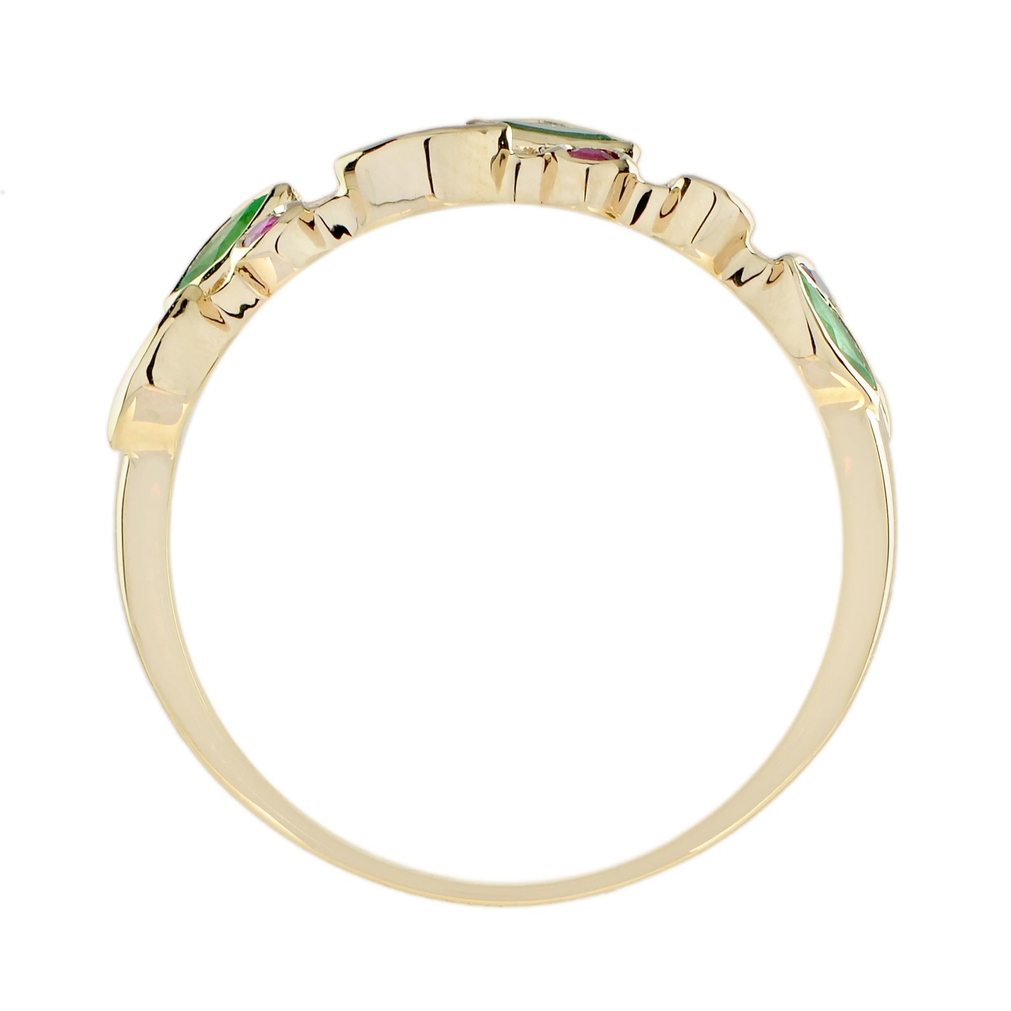 Women's Emerald Ruby and Sapphire Vintage Style Ring in 9K Yellow Gold For Sale