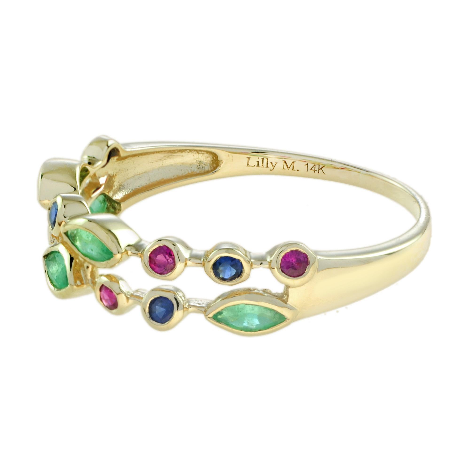 Emerald Ruby and Sapphire Vintage Style Ring in 9K Yellow Gold For Sale 1