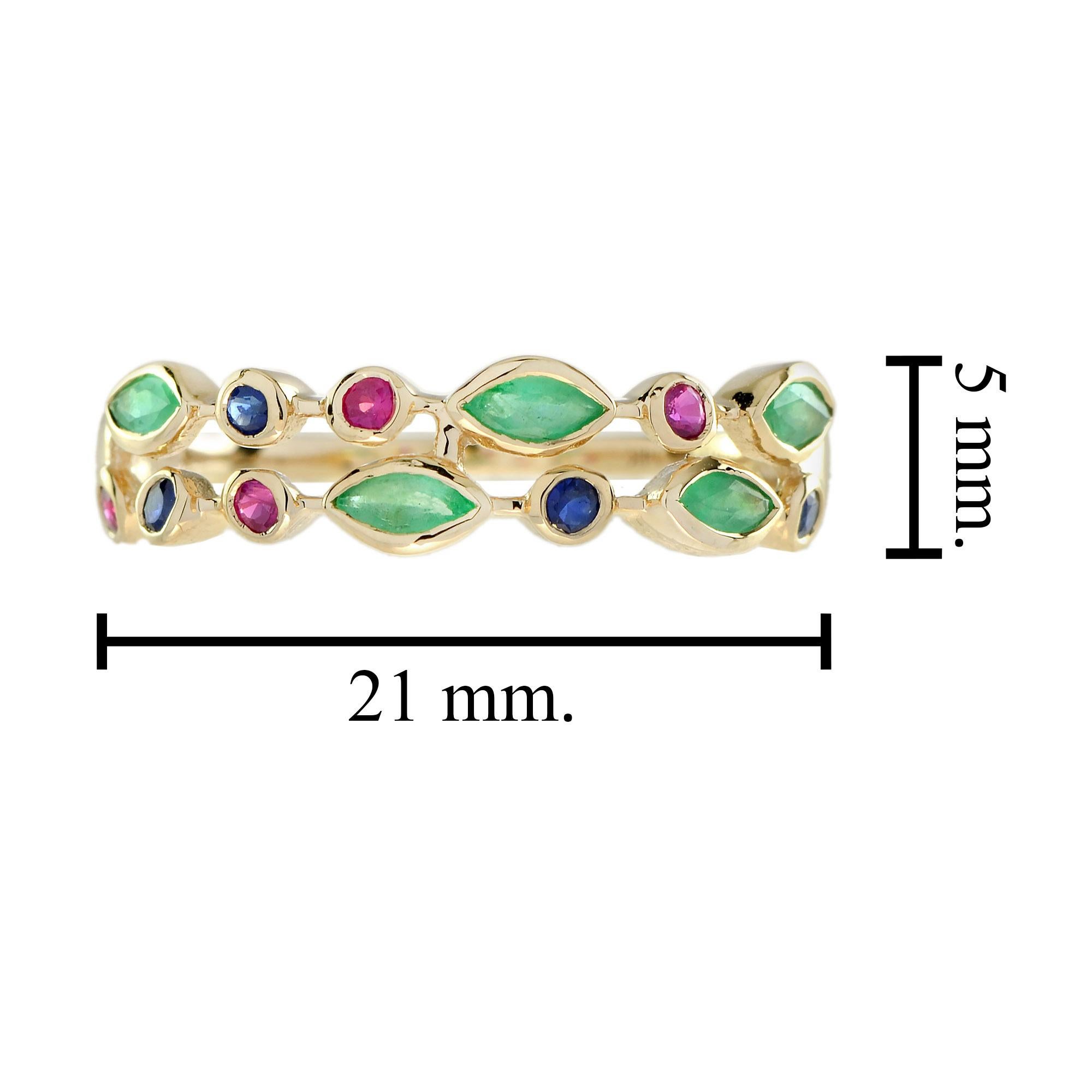 Emerald Ruby and Sapphire Vintage Style Ring in 9K Yellow Gold For Sale 2