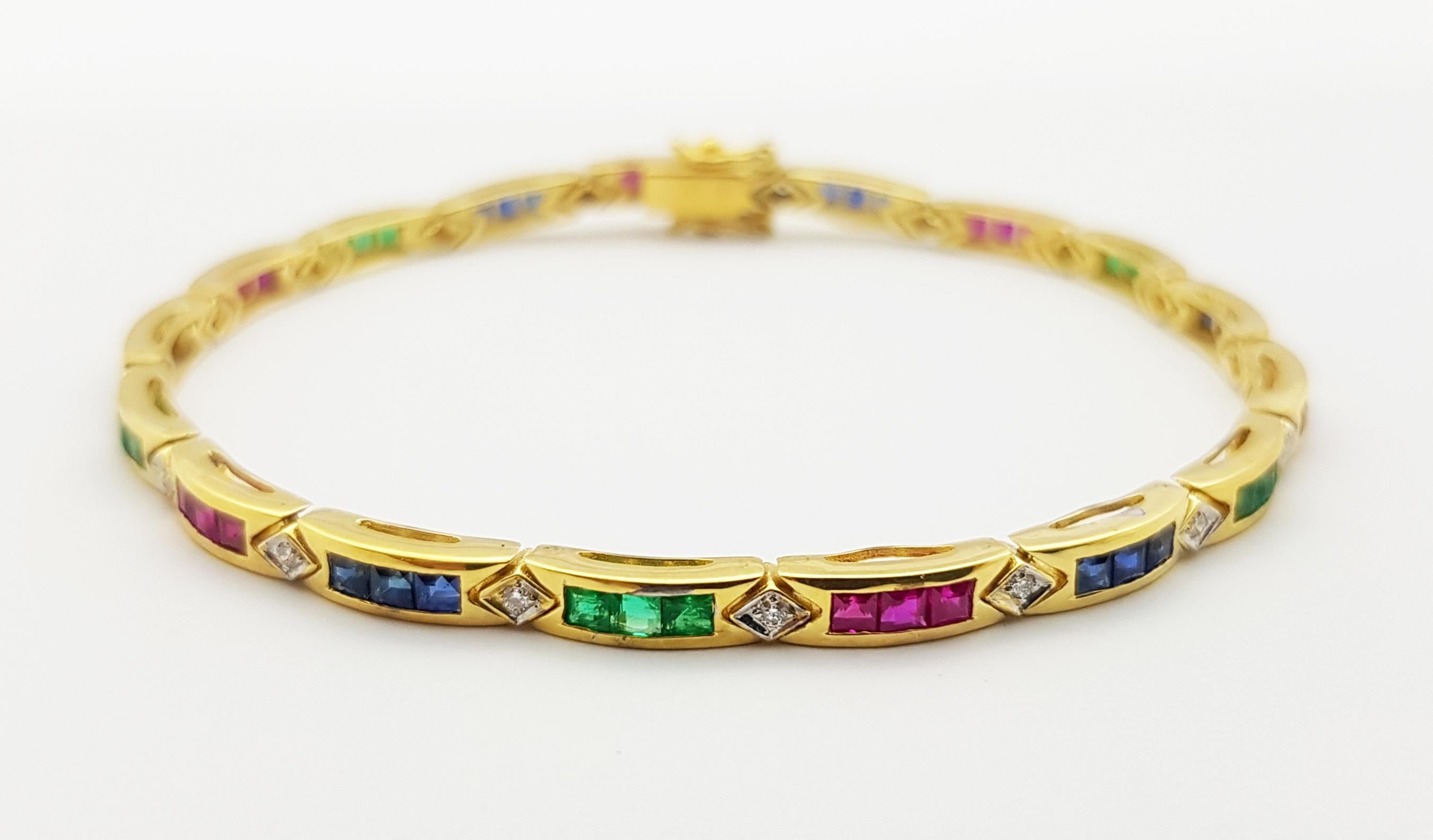 Emerald, Ruby, Blue Sapphire and Diamond Bracelet Set in 18 Karat Gold Settings For Sale 4