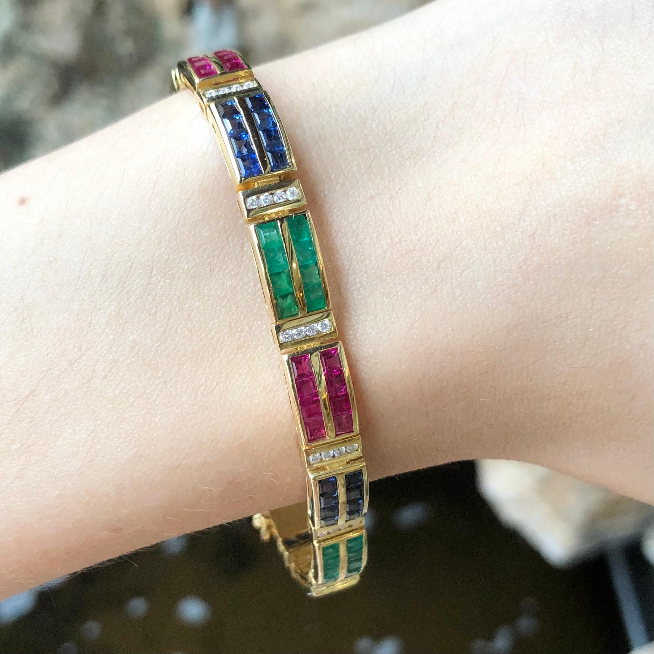 Emerald, Ruby, Blue Sapphire and Diamond Bracelet Set in 18 Karat Gold Settings For Sale 1