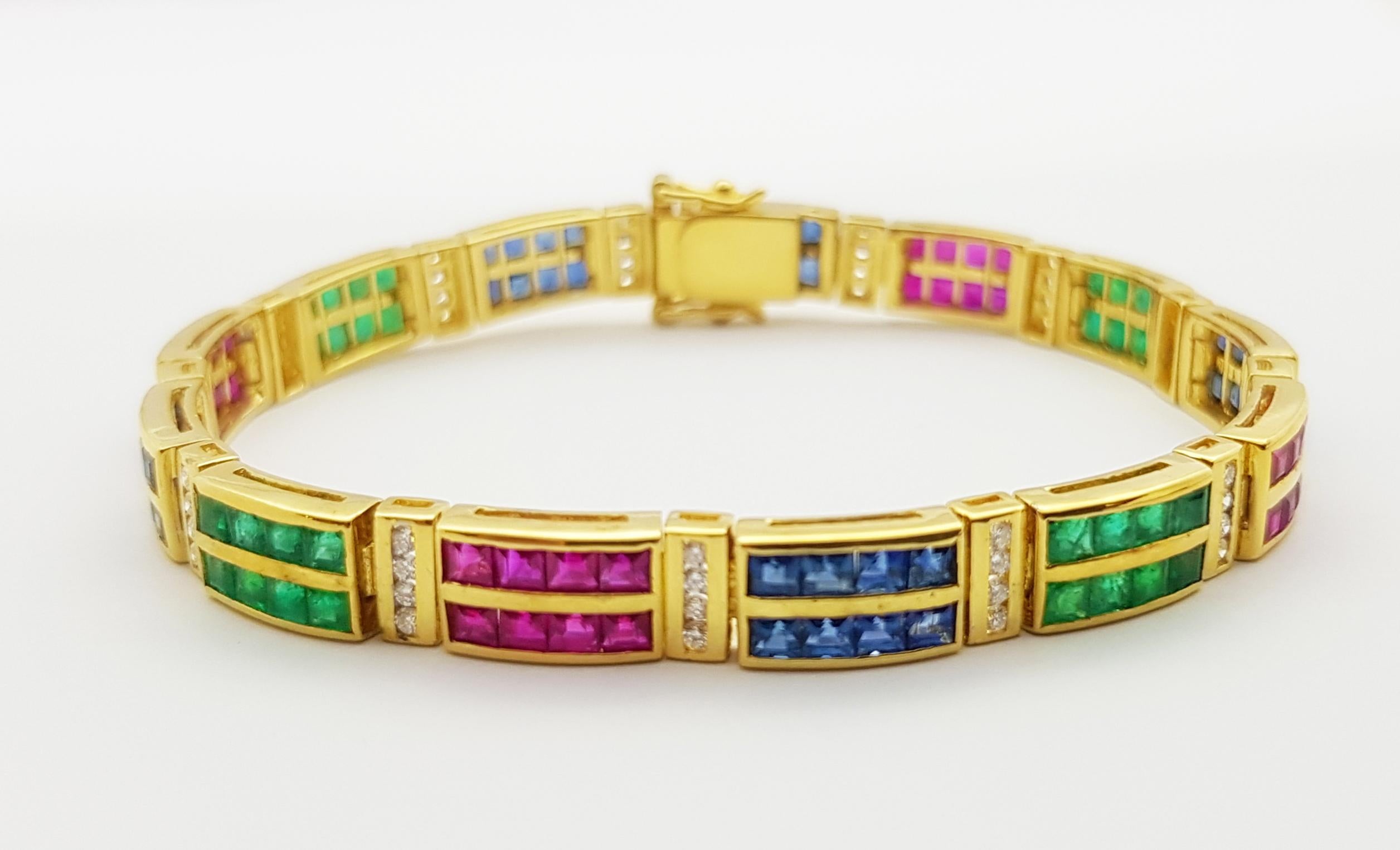 Emerald, Ruby, Blue Sapphire and Diamond Bracelet Set in 18 Karat Gold Settings For Sale 2