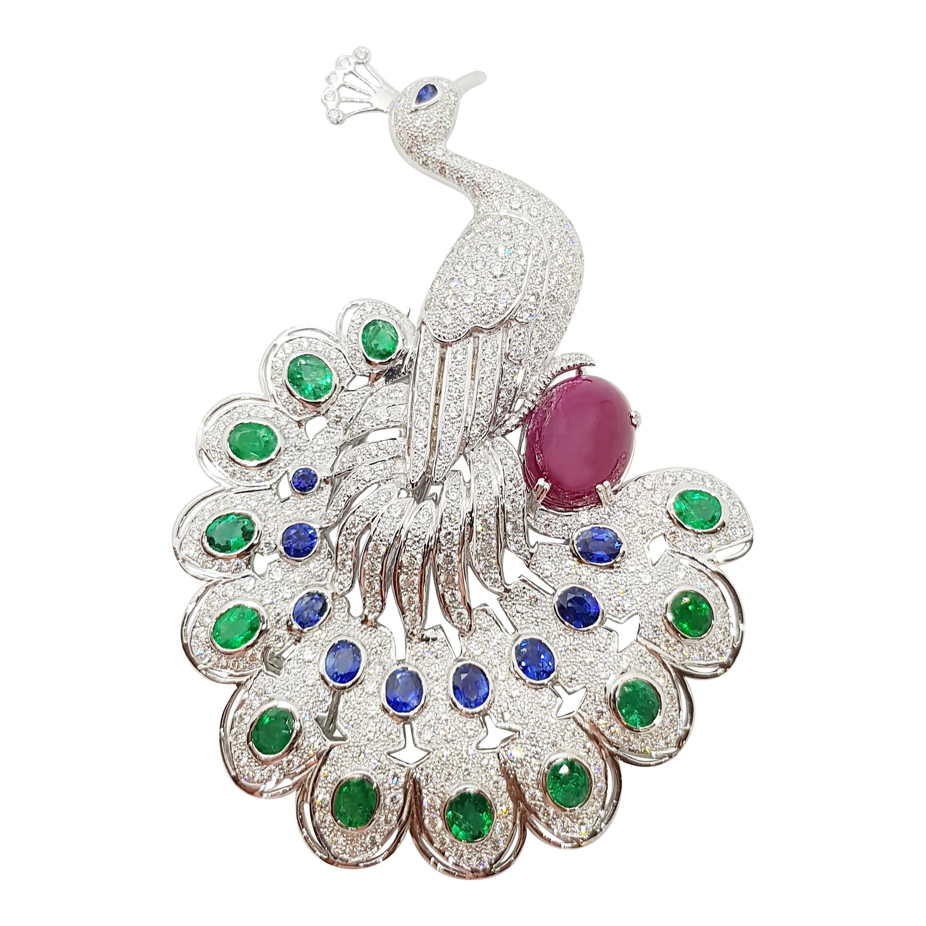 Emerald, Ruby, Blue Sapphire and Diamond Peacock Brooch in 18 Karat White Gold For Sale