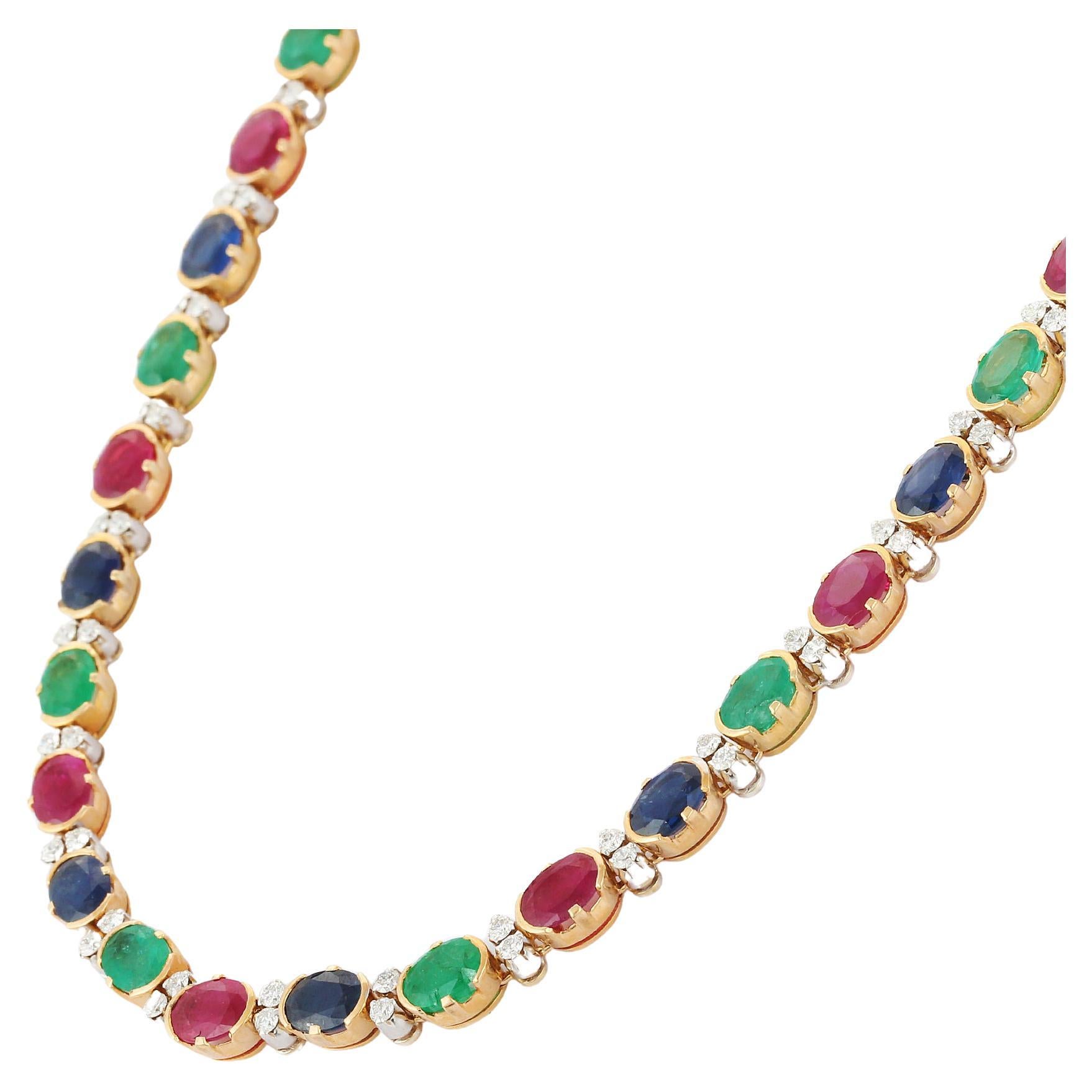 Emerald Ruby Blue Sapphire and Diamond Wedding Necklace in 18K Yellow Gold