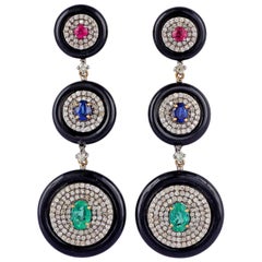 Emerald Ruby Blue Sapphire Black Onyx and Diamond Earring in Victorian Style