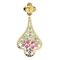 Boucles d'oreilles en or 18 carats avec émeraude, rubis, saphir bleu et diamant