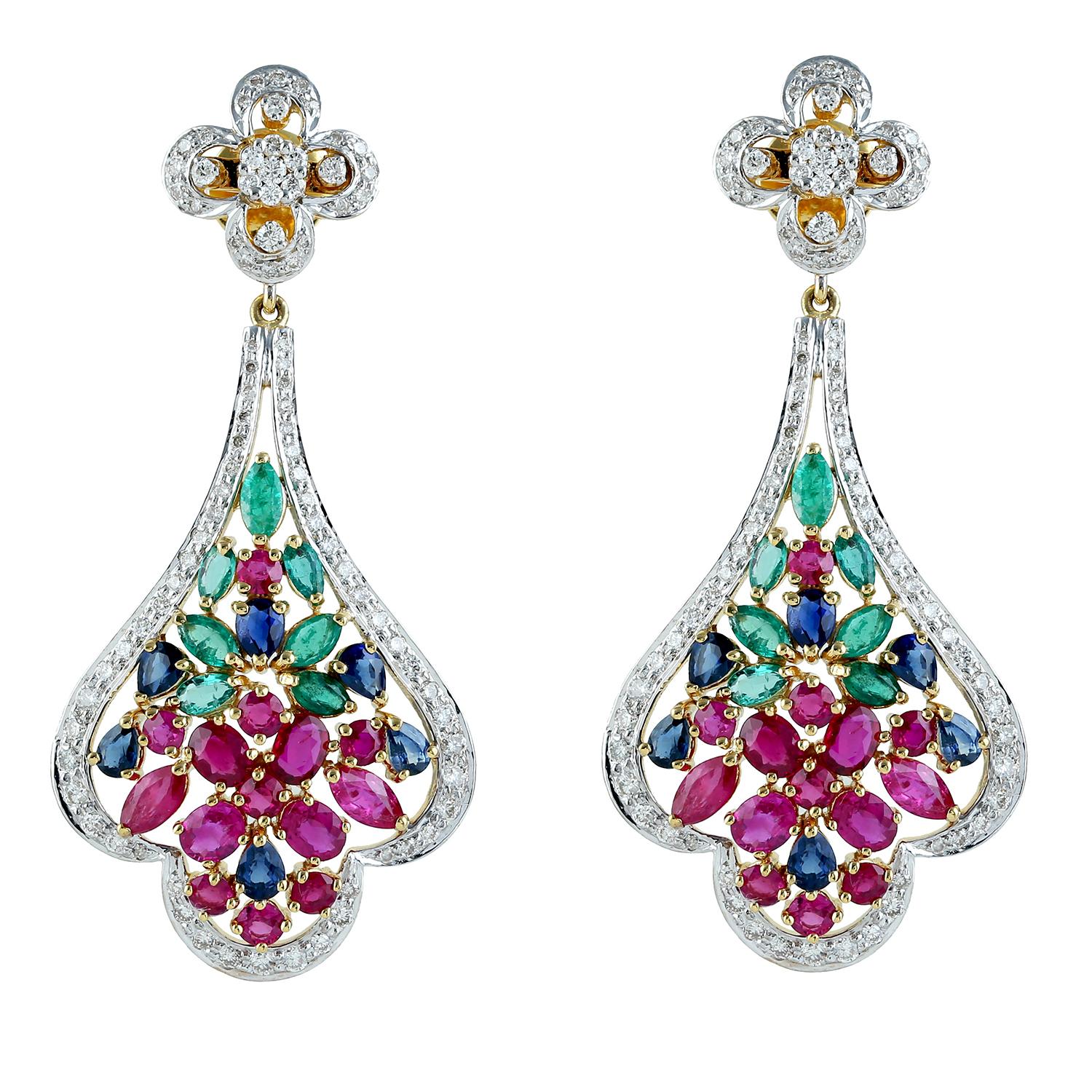 Modern Emerald Ruby Blue Sapphire Diamond 18 Karat Gold Earrings For Sale