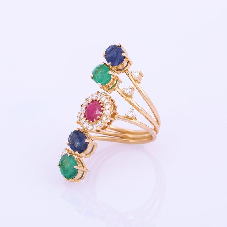 Artisan Emerald Ruby Blue Sapphire Diamond 18 Karat Gold Ring For Sale