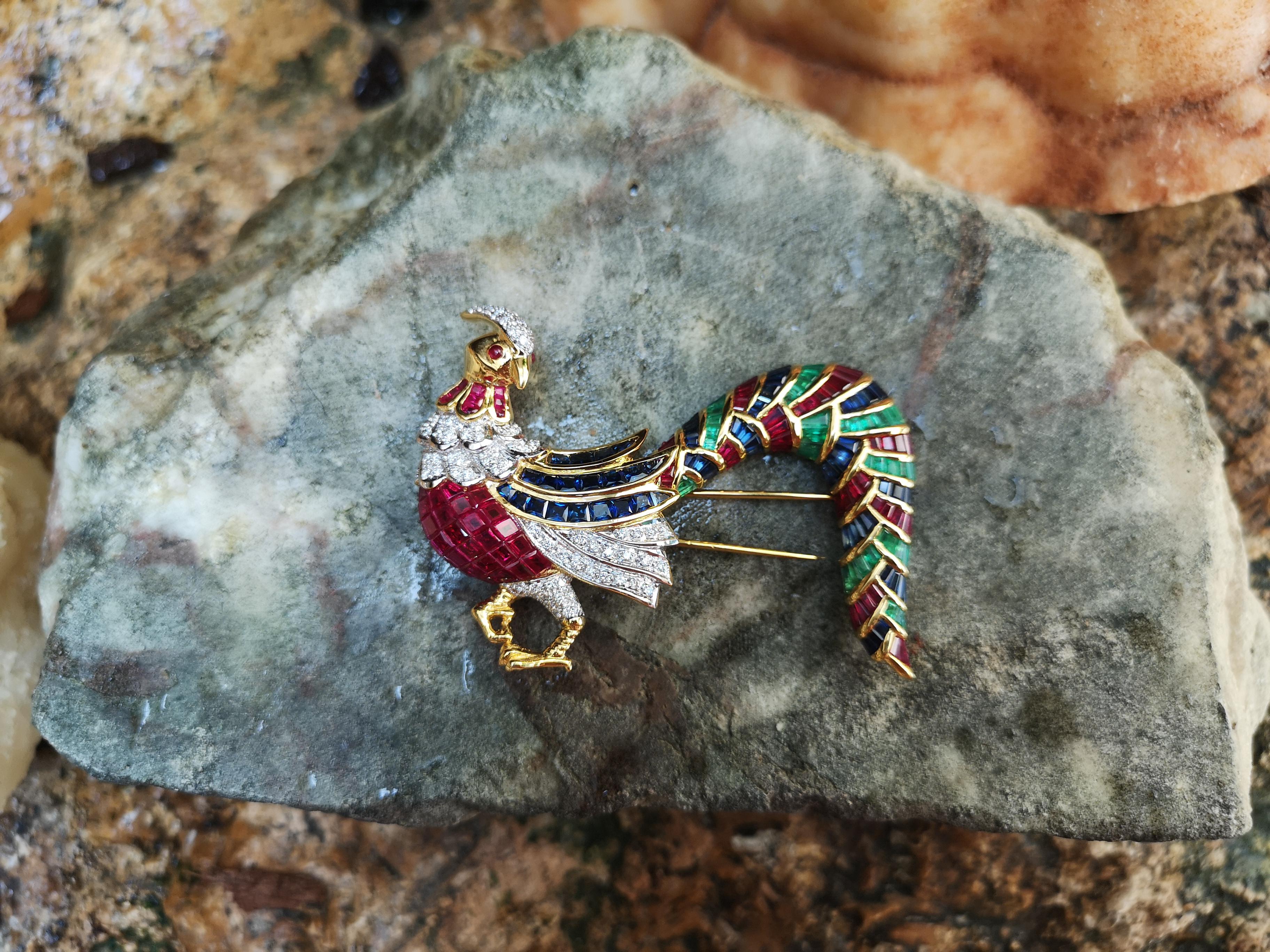 Women's or Men's Emerald, Ruby, Blue Sapphire, Diamond Bird Brooch Set in 18 Karat Gold  For Sale