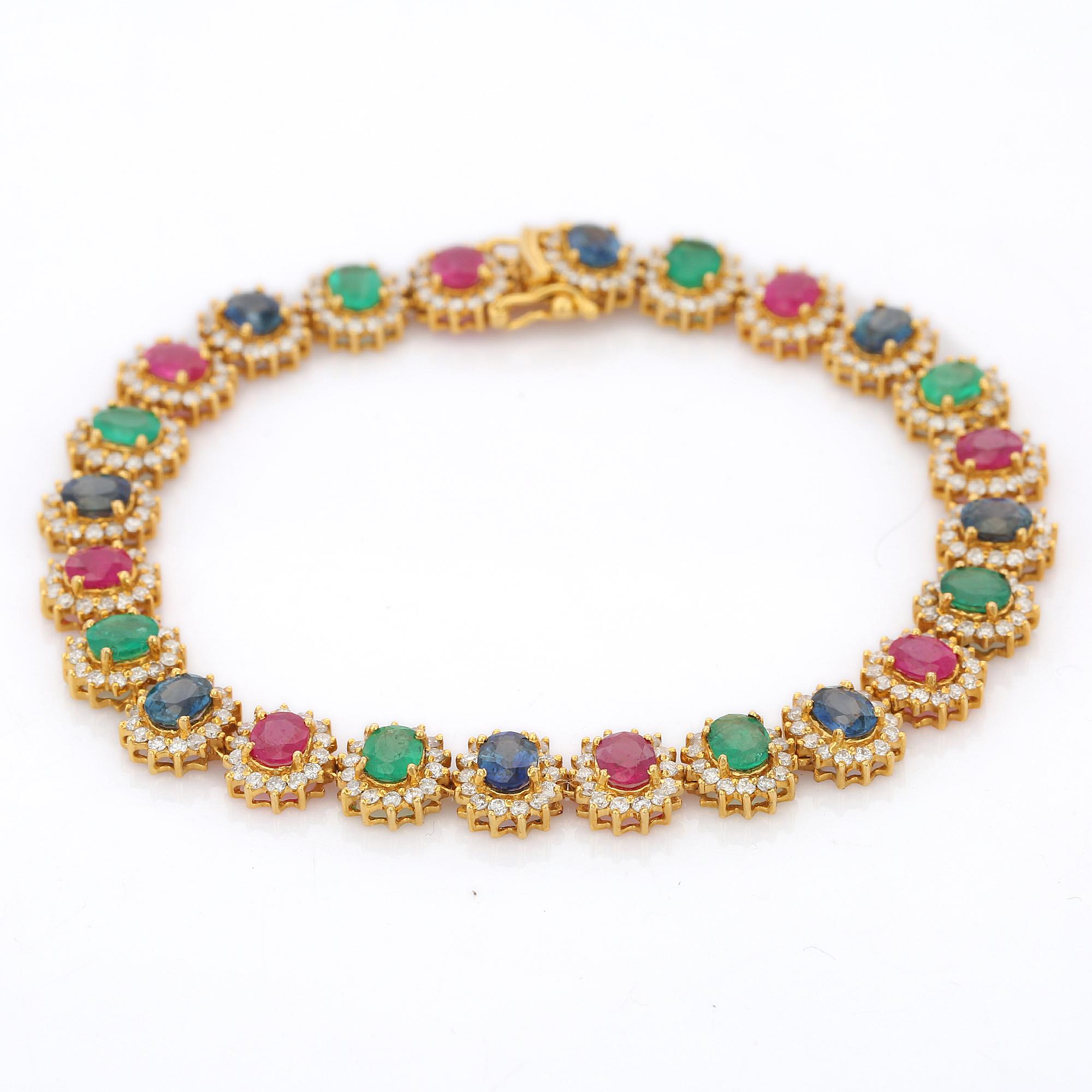 Emerald, Ruby, Blue Sapphire Diamond Bracelet in 18K Yellow Gold  For Sale 4