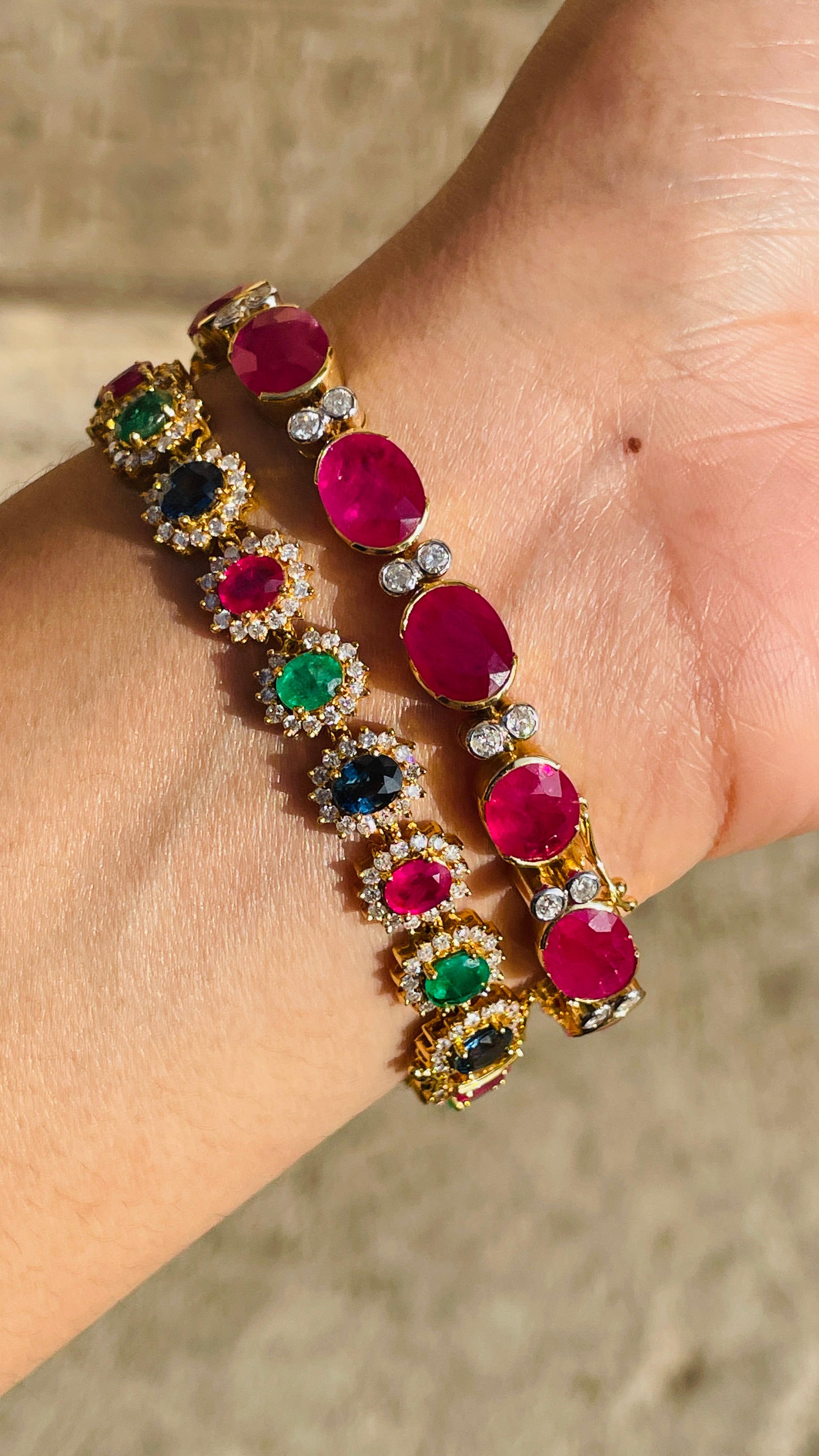 Emerald, Ruby, Blue Sapphire Diamond Bracelet in 18K Yellow Gold  For Sale 5