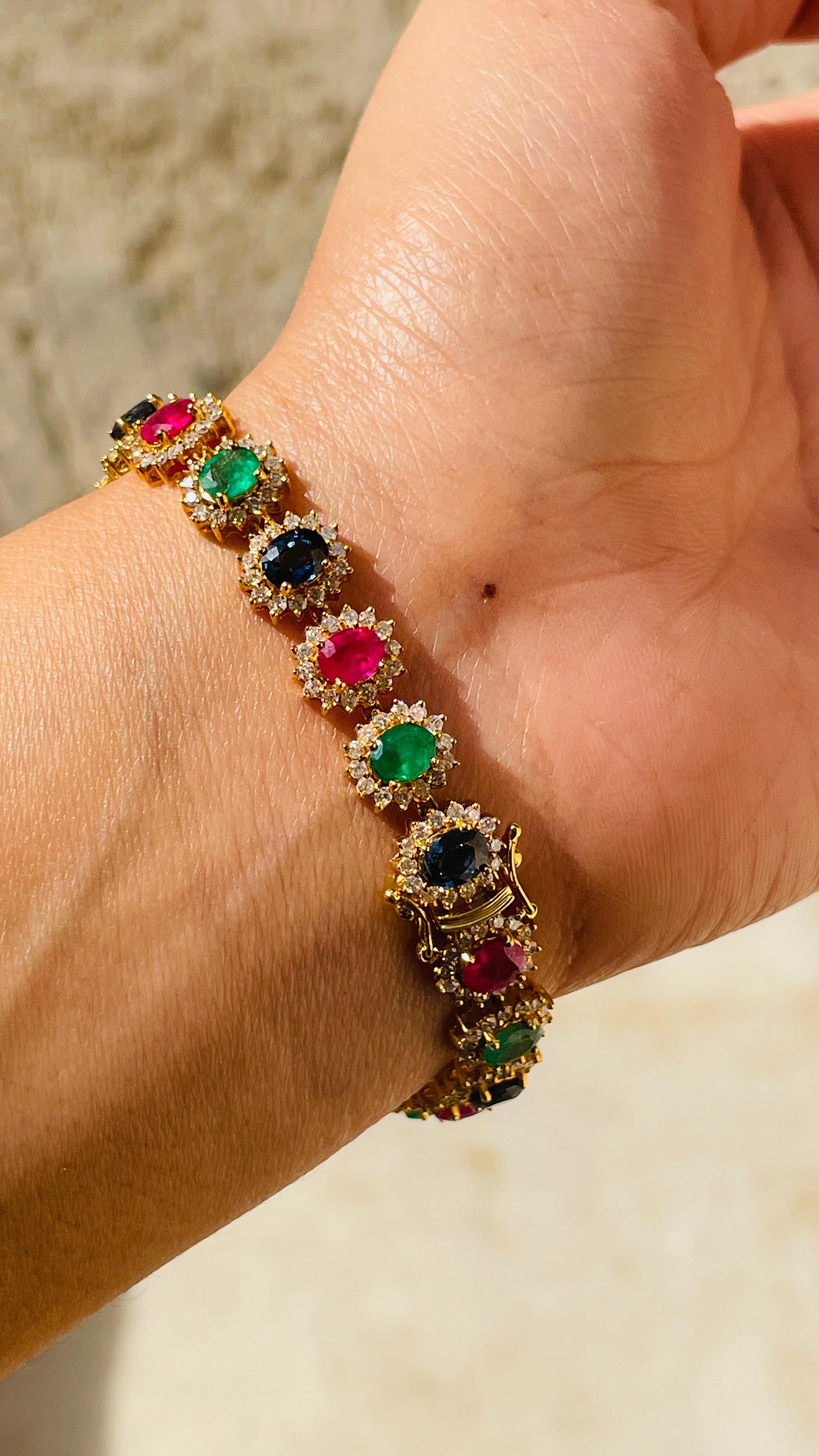 Emerald, Ruby, Blue Sapphire and Diamond bracelet in 18K Gold. It has a perfect oval cut gemstone to make you stand out on any occasion or an event.
A tennis bracelet is an essential piece of jewelry when it comes to your wedding day. The sleek and