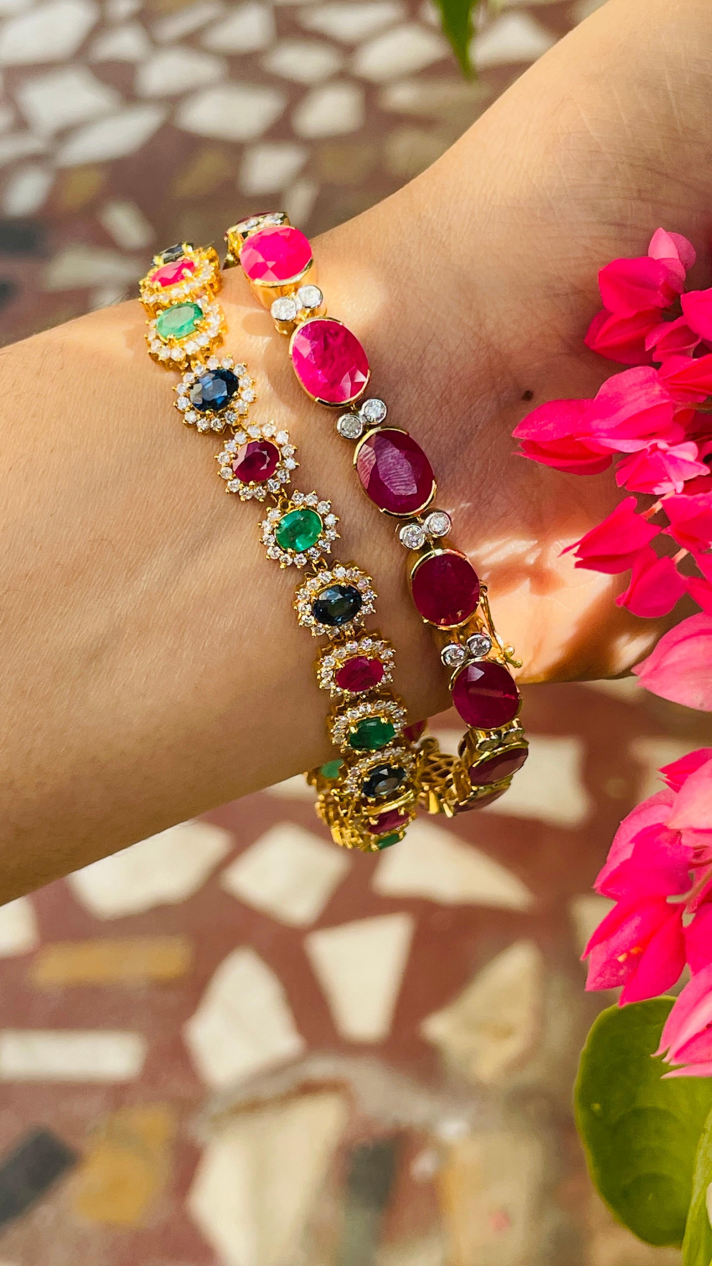 Modern Emerald, Ruby, Blue Sapphire Diamond Bracelet in 18K Yellow Gold  For Sale