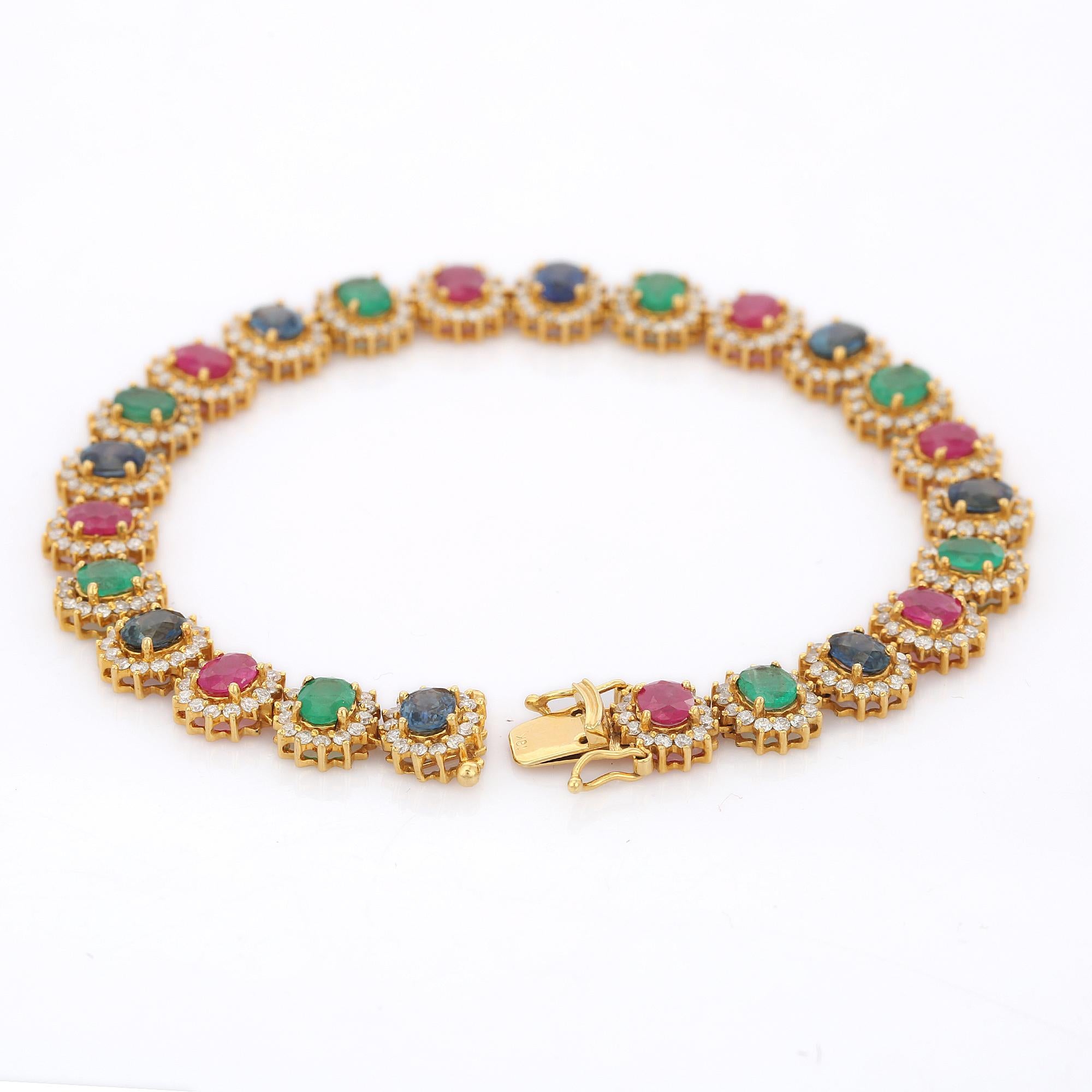 Oval Cut Emerald, Ruby, Blue Sapphire Diamond Bracelet in 18K Yellow Gold  For Sale