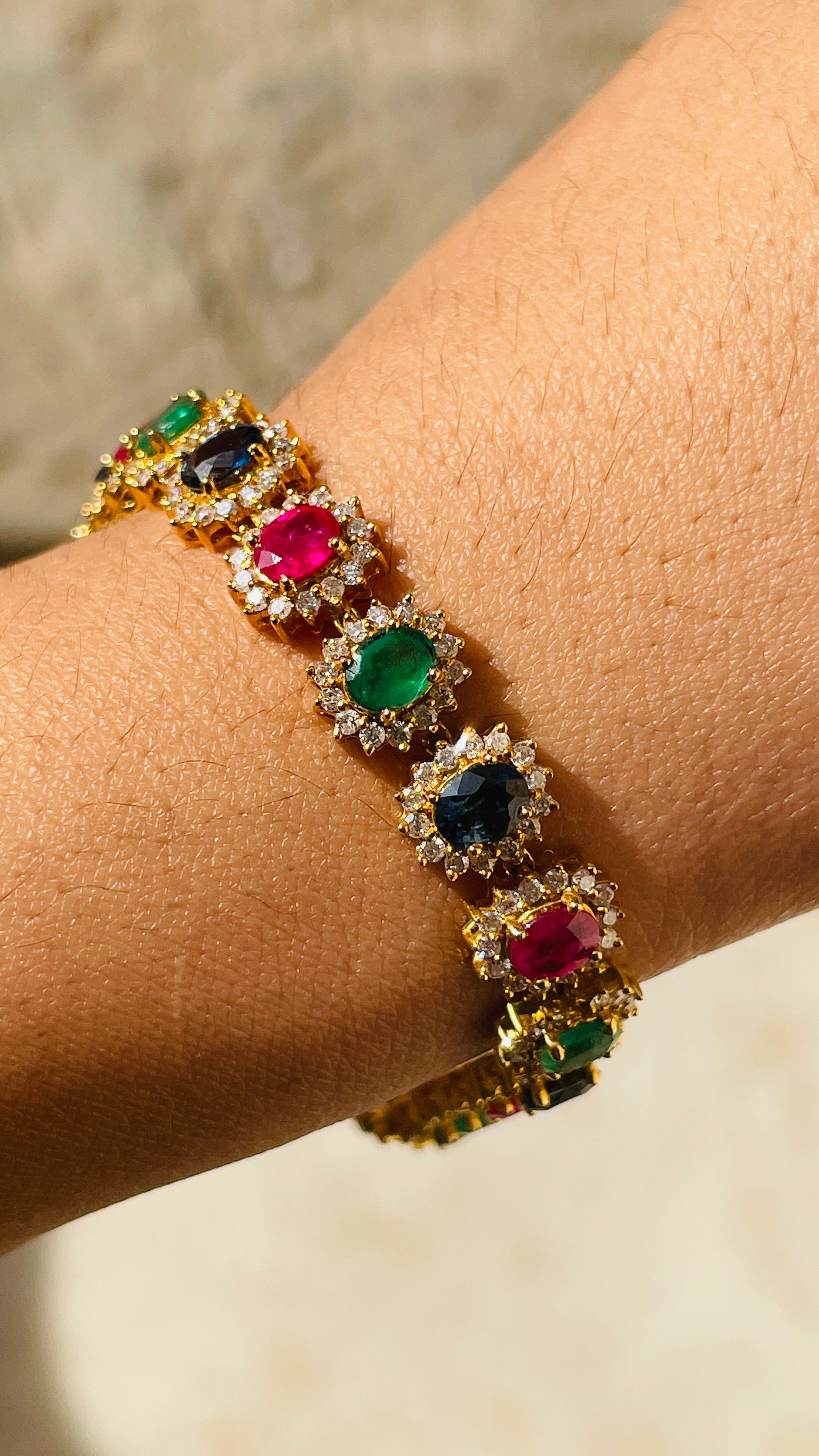 Emerald, Ruby, Blue Sapphire Diamond Bracelet in 18K Yellow Gold  In New Condition For Sale In Houston, TX