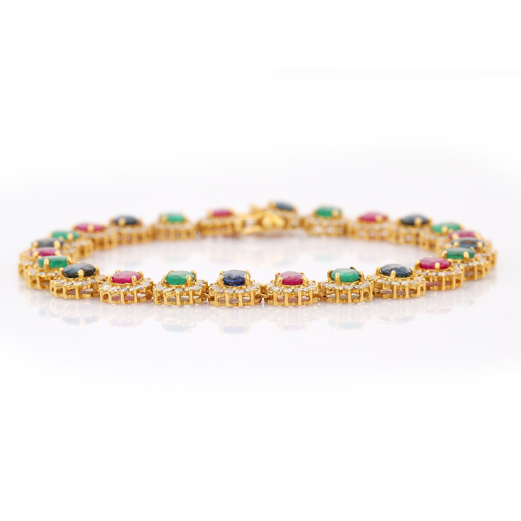 Emerald, Ruby, Blue Sapphire Diamond Bracelet in 18K Yellow Gold  For Sale 1
