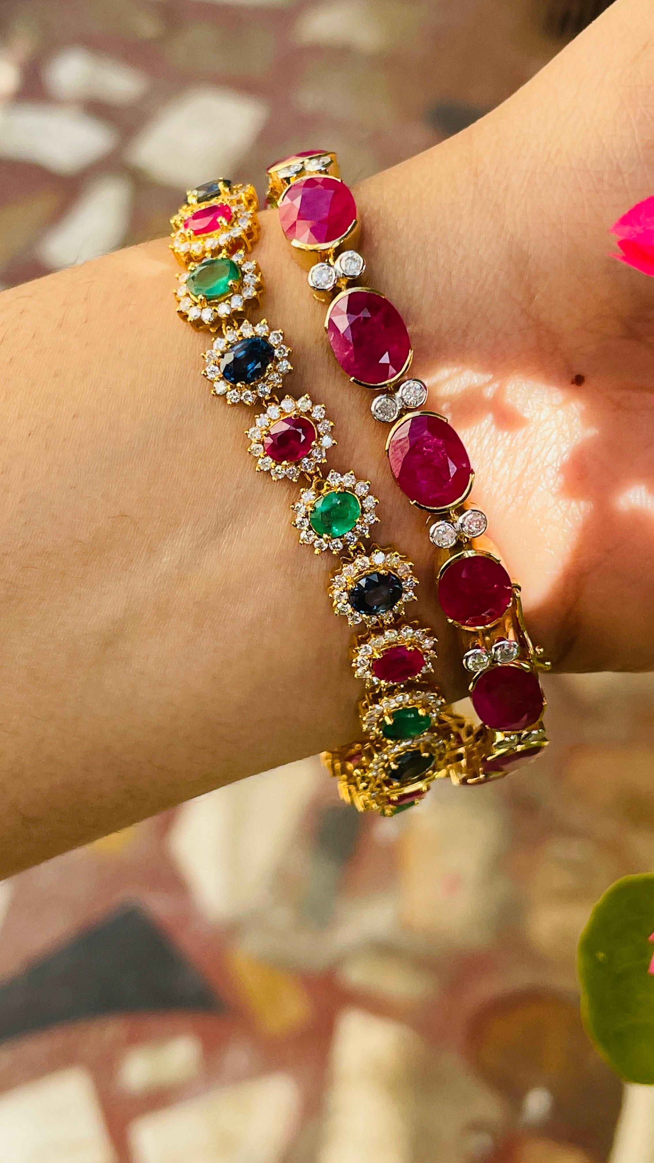 Emerald, Ruby, Blue Sapphire Diamond Bracelet in 18K Yellow Gold  For Sale 3