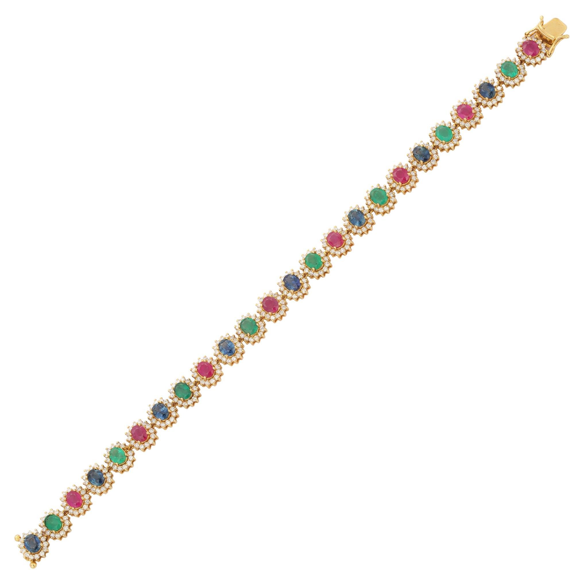 Emerald, Ruby, Blue Sapphire Diamond Bracelet in 18K Yellow Gold  For Sale