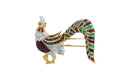 Emerald, Ruby, Blue Sapphire, Diamond Bird Brooch Set in 18 Karat Gold