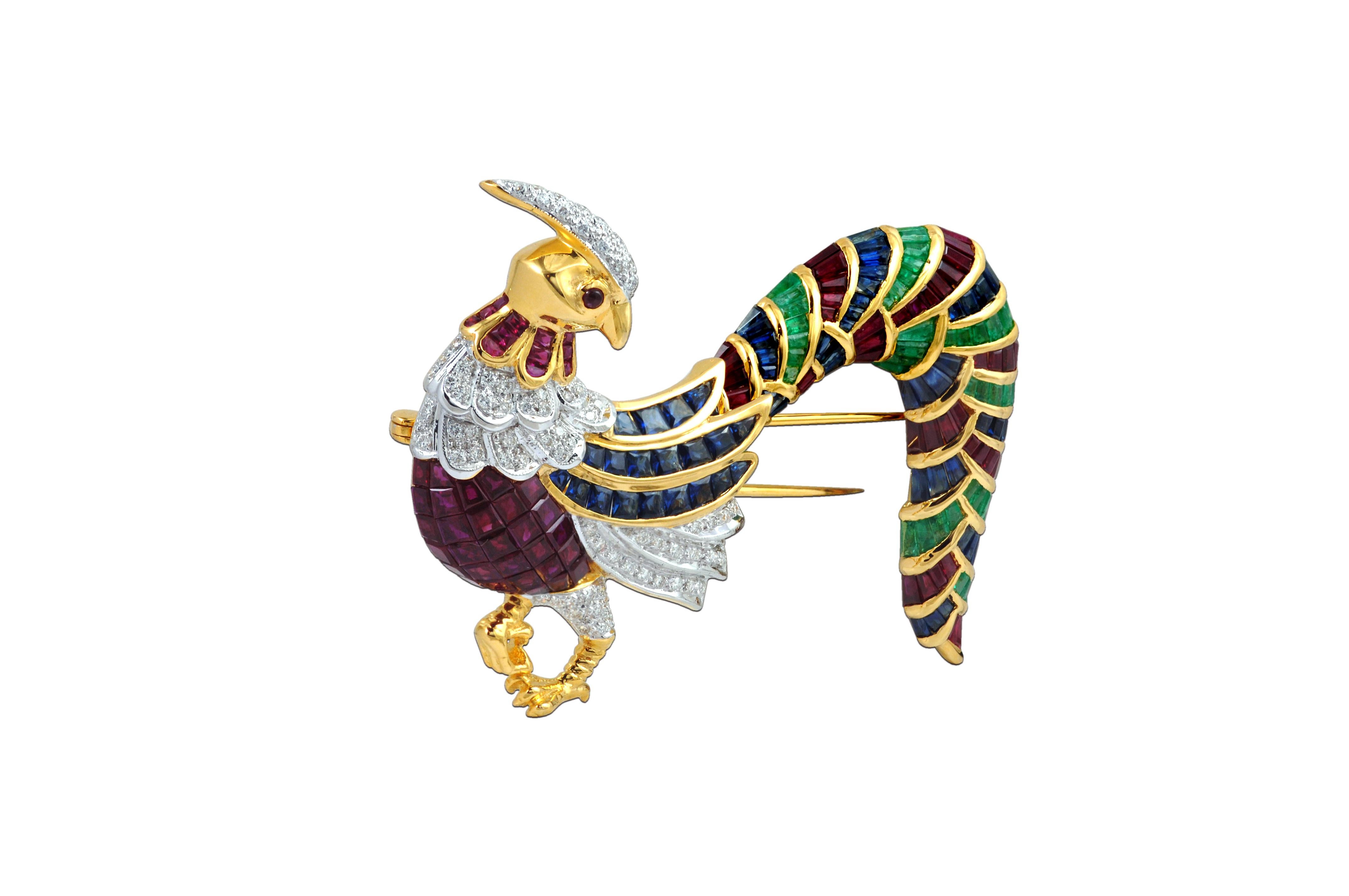 Broche Pájaro Esmeralda, Rubí, Zafiro Azul y Diamante en Oro de 18 Kilates Contemporáneo en venta