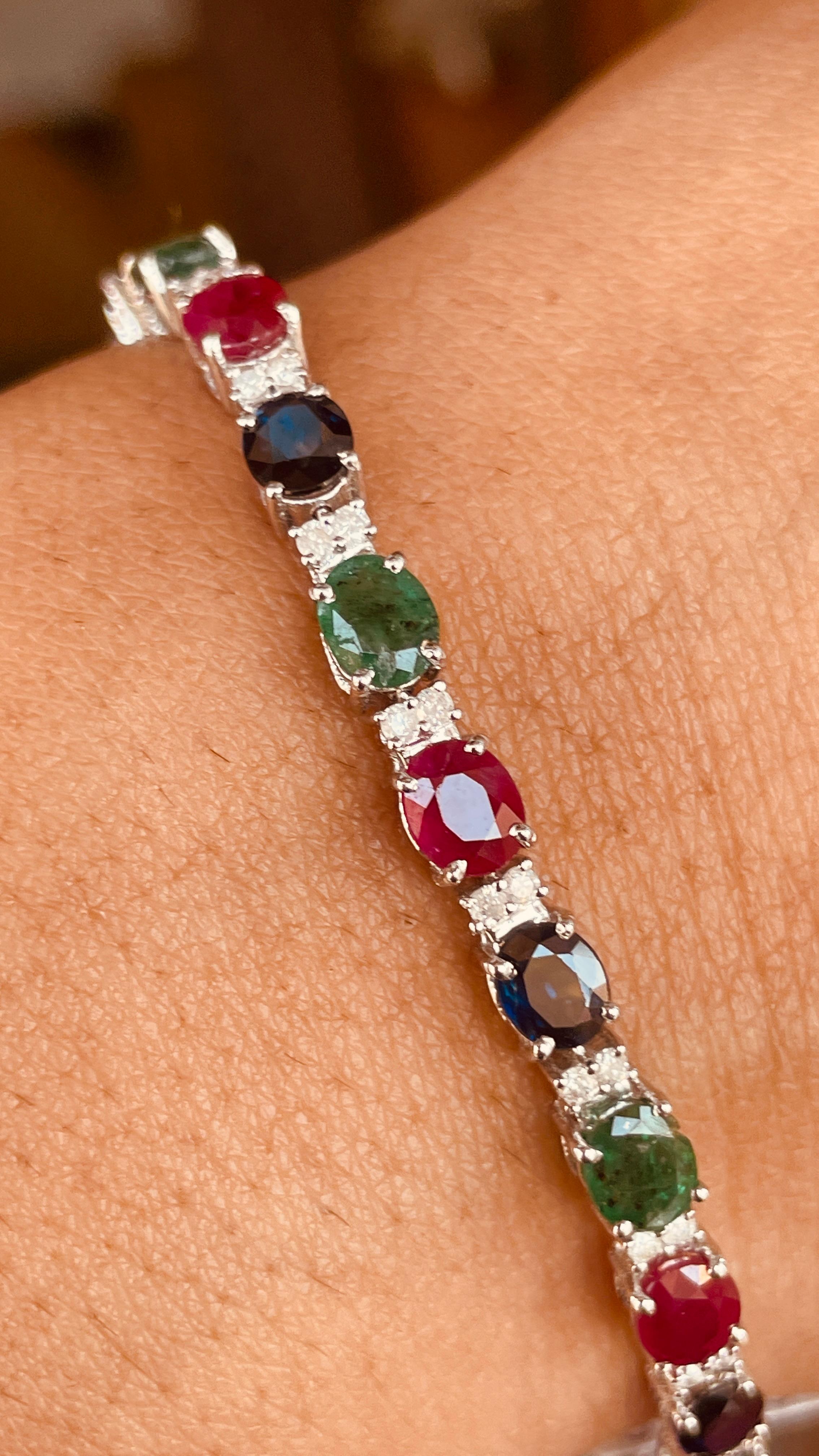 Emerald, Ruby, Blue Sapphire Tennis Bracelet with Diamonds in 18K White Gold  For Sale 2