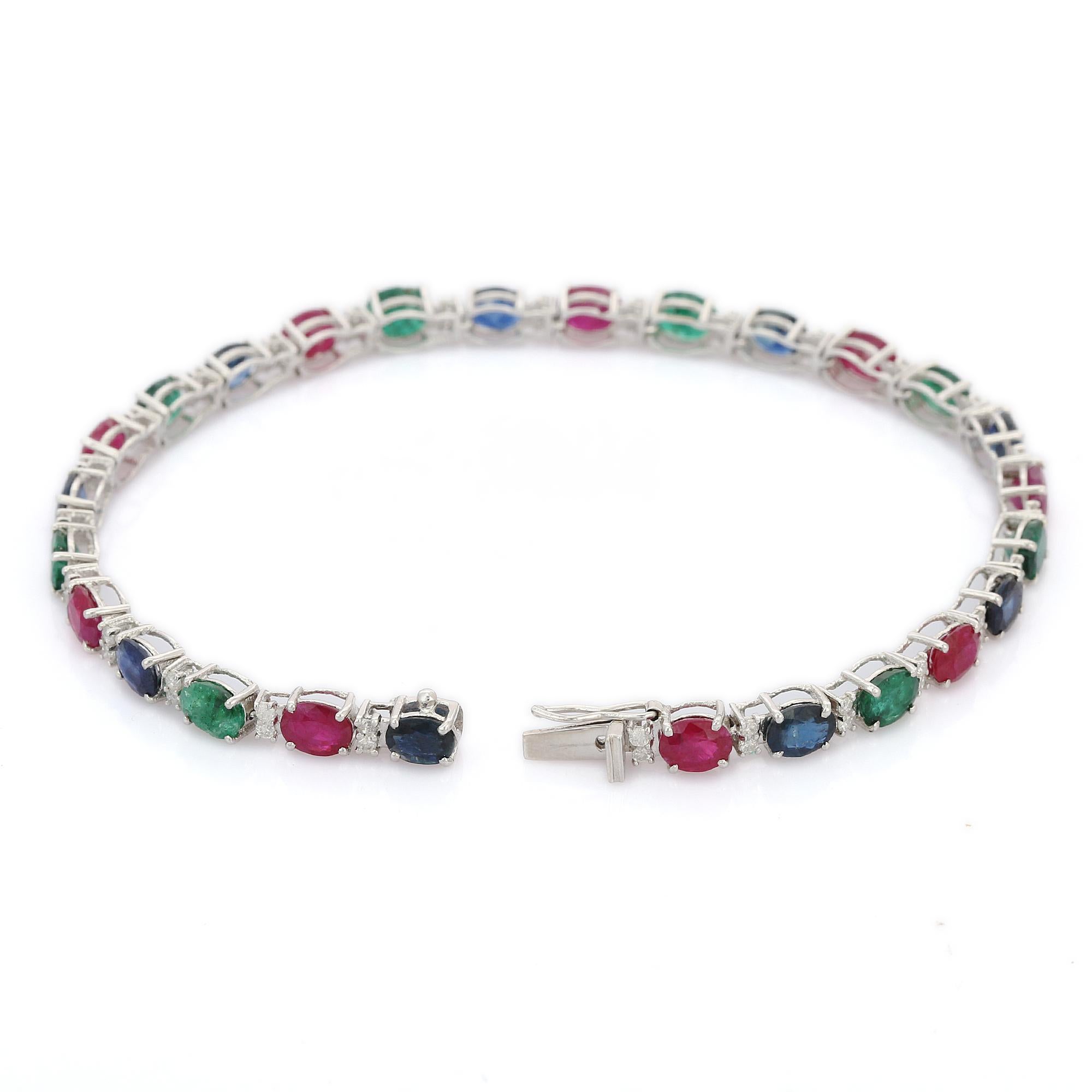 Art Deco Emerald, Ruby, Blue Sapphire Tennis Bracelet with Diamonds in 18K White Gold  For Sale
