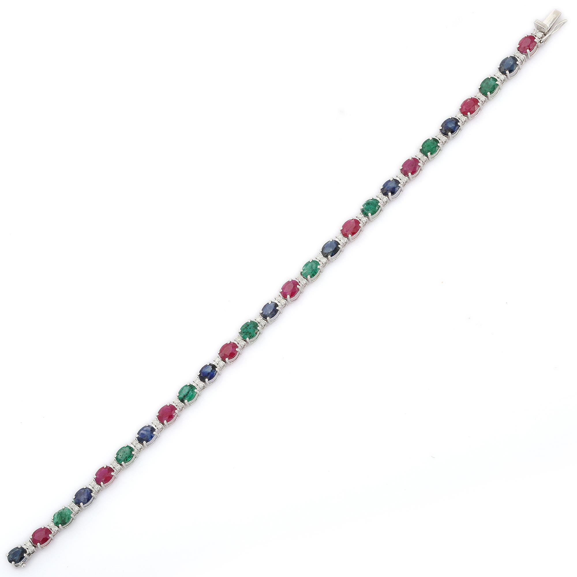Emerald, Ruby, Blue Sapphire Tennis Bracelet with Diamonds in 18K White Gold  In New Condition For Sale In Houston, TX