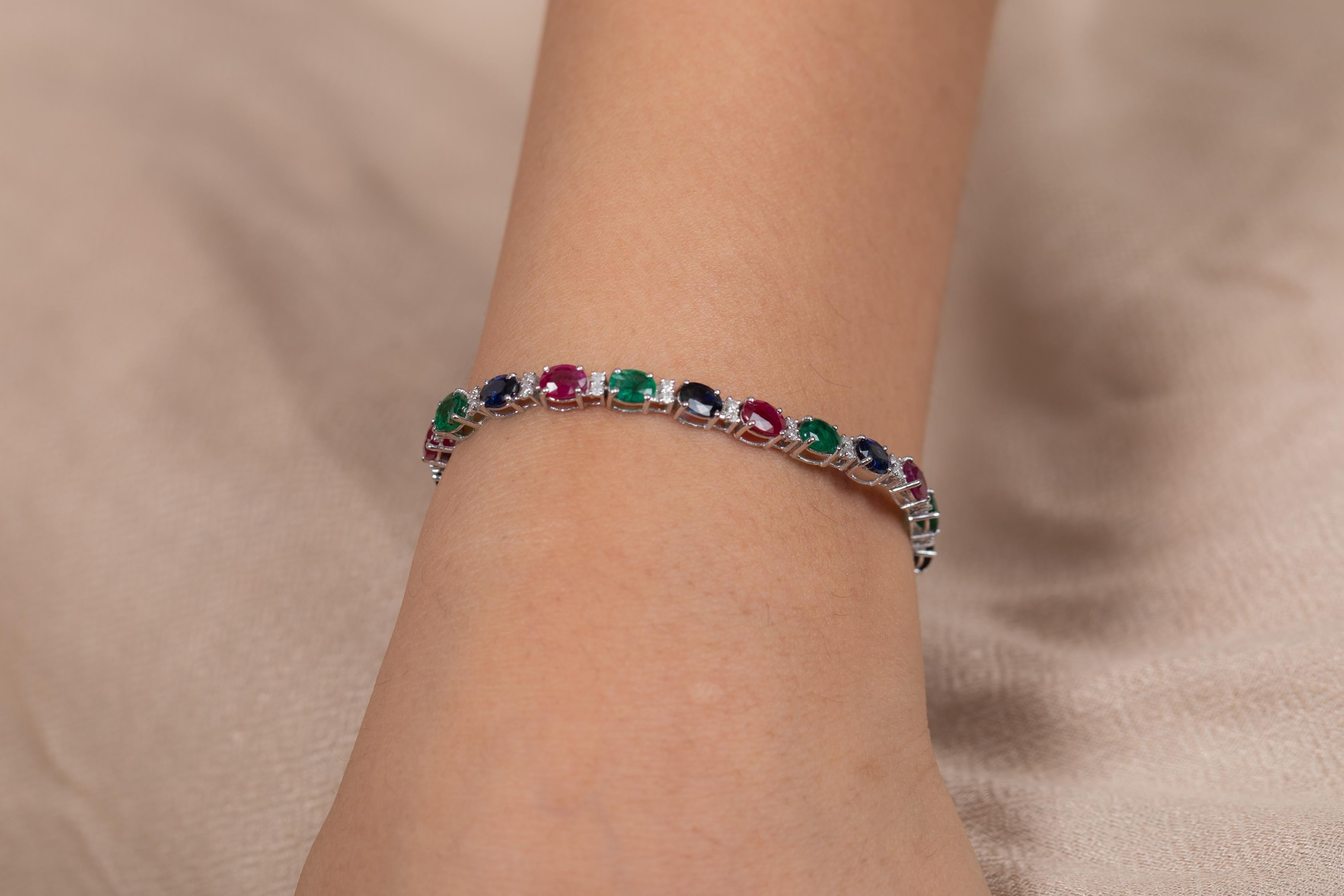 Oval Cut Emerald, Ruby, Blue Sapphire Tennis Bracelet with Diamonds in 18K White Gold  For Sale