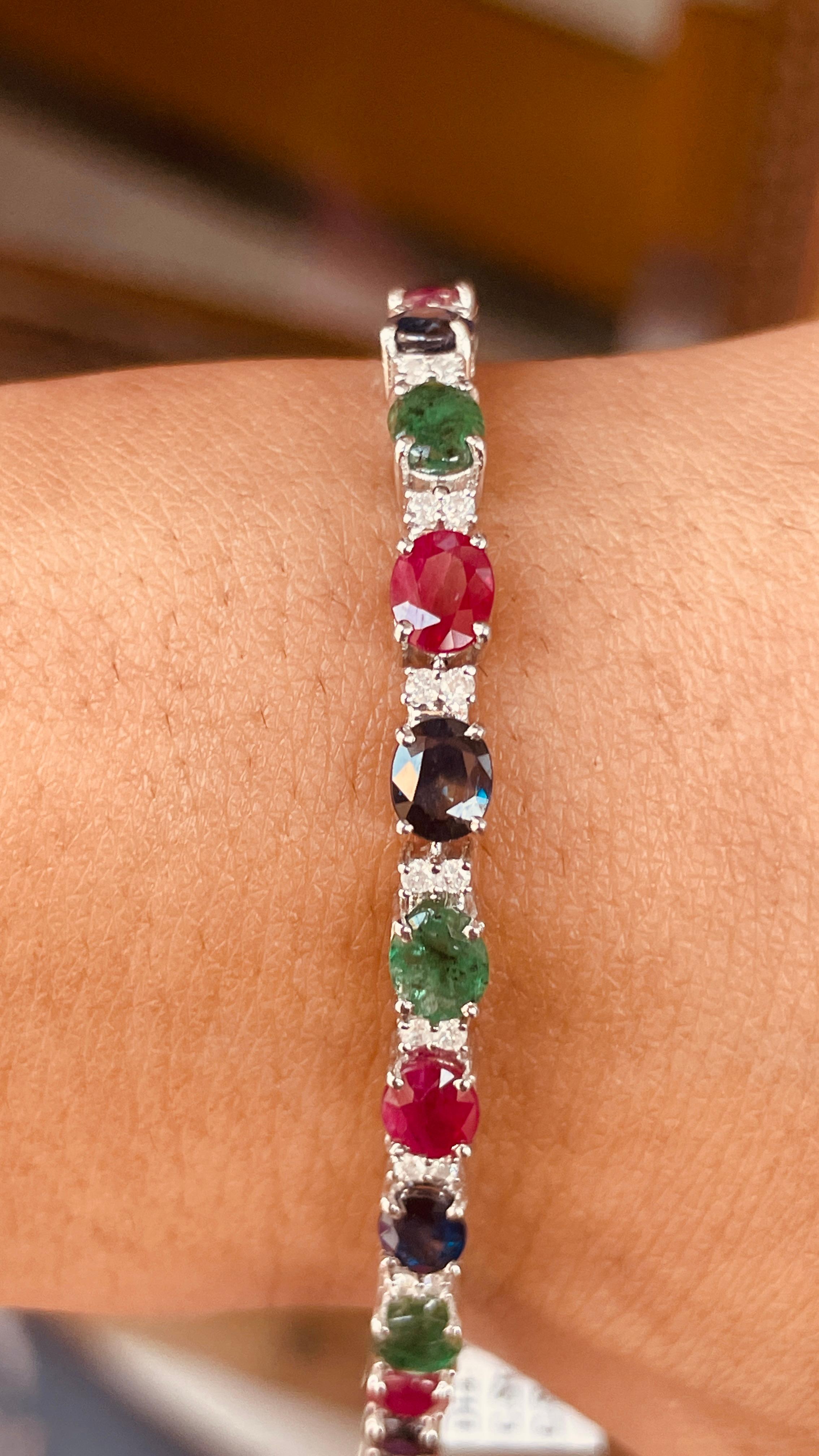 Women's Emerald, Ruby, Blue Sapphire Tennis Bracelet with Diamonds in 18K White Gold  For Sale