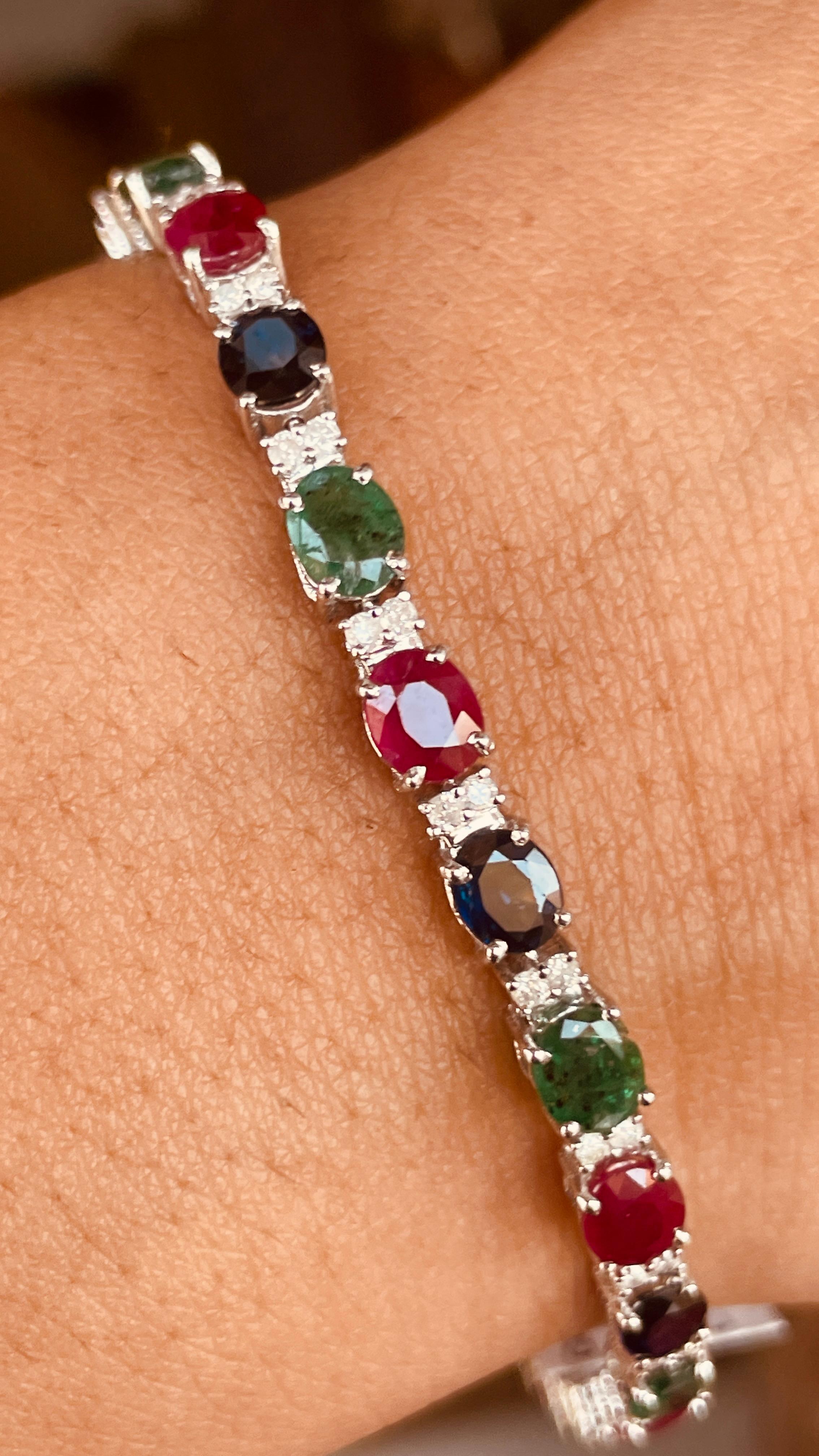 Emerald, Ruby, Blue Sapphire Tennis Bracelet with Diamonds in 18K White Gold  For Sale 1