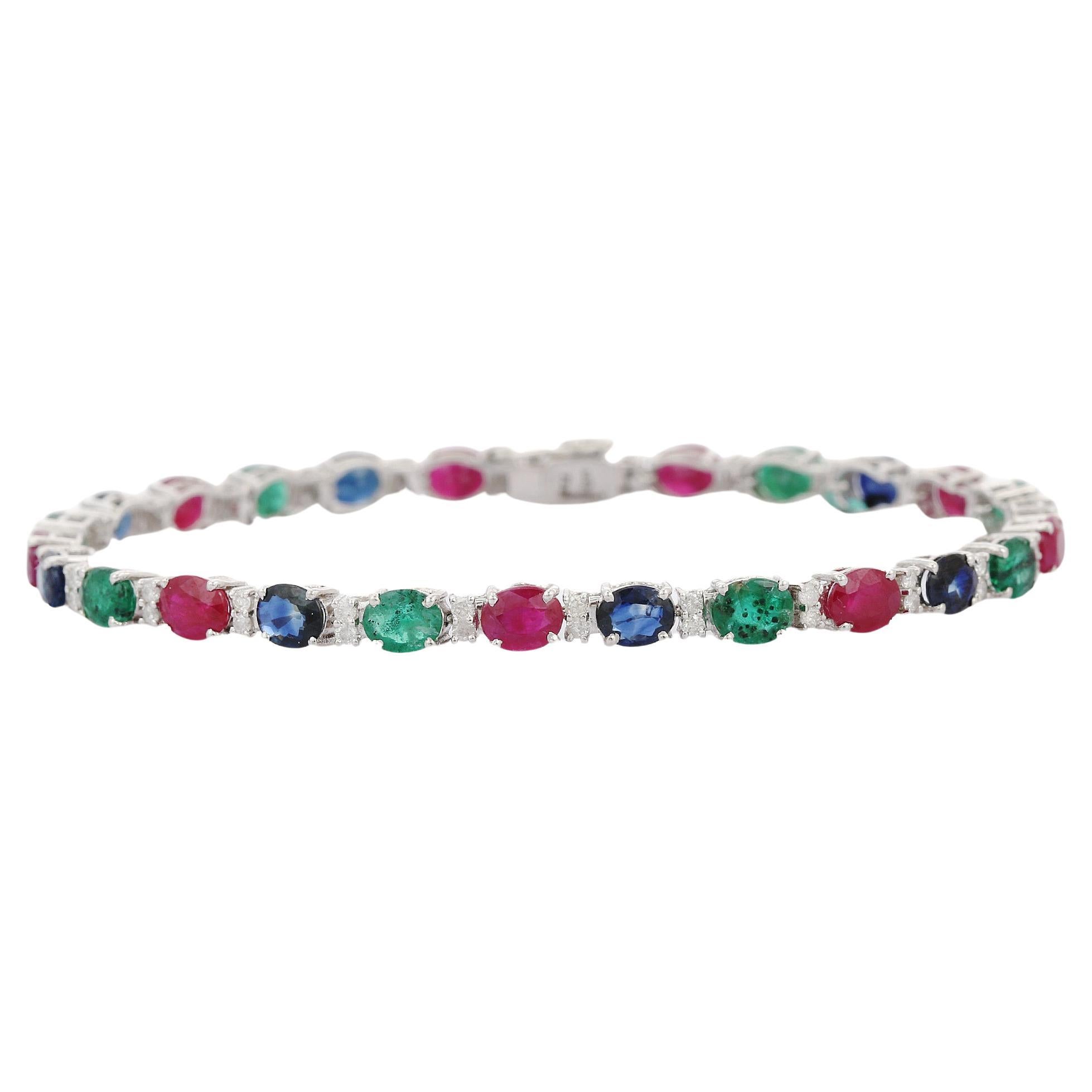 Emerald, Ruby, Blue Sapphire Tennis Bracelet with Diamonds in 18K White Gold  For Sale