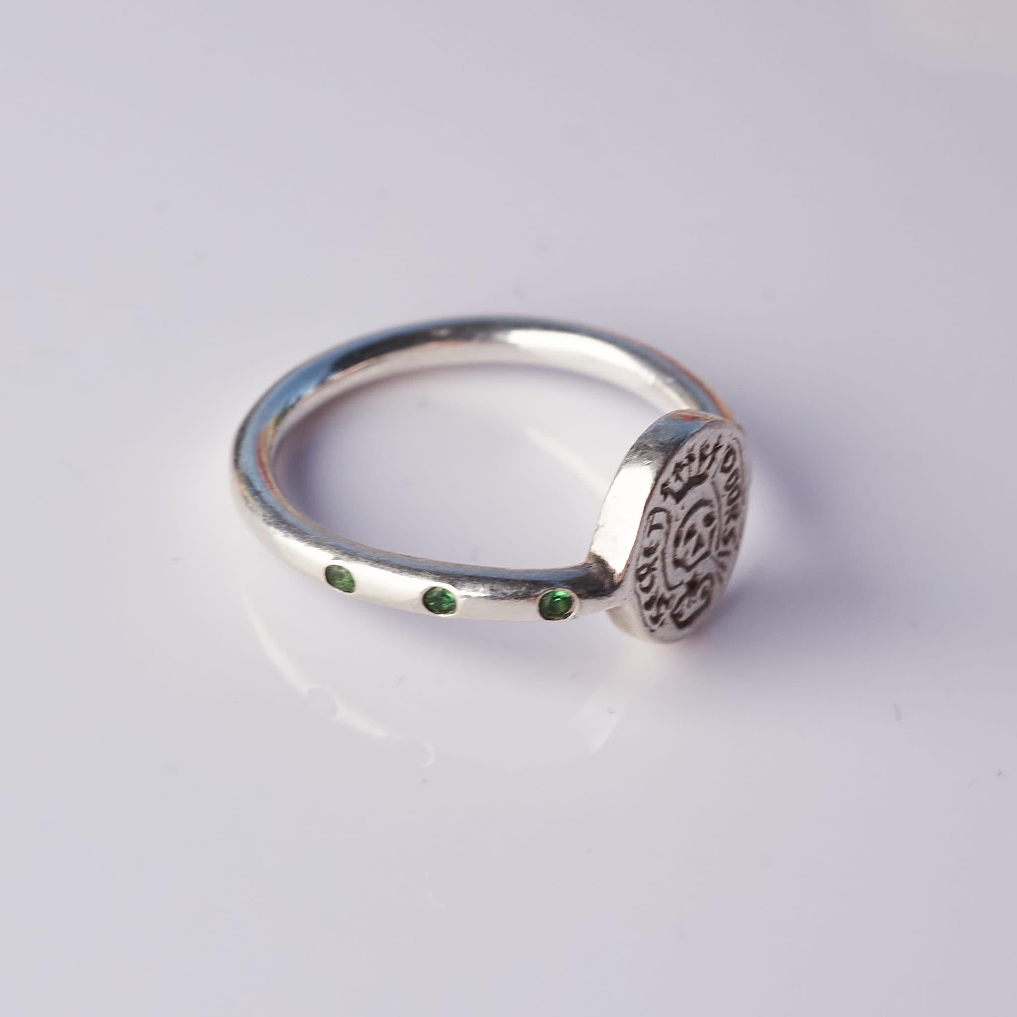 Brilliant Cut Skull Ring Sterling Silver Memento Mori Emerald Ruby Crest Signet Ring J Dauphin For Sale