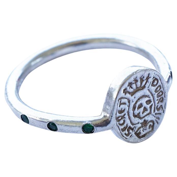 Smaragd Rubin Wappen Siegel Totenkopf Ring Memento Mori Stil Silber